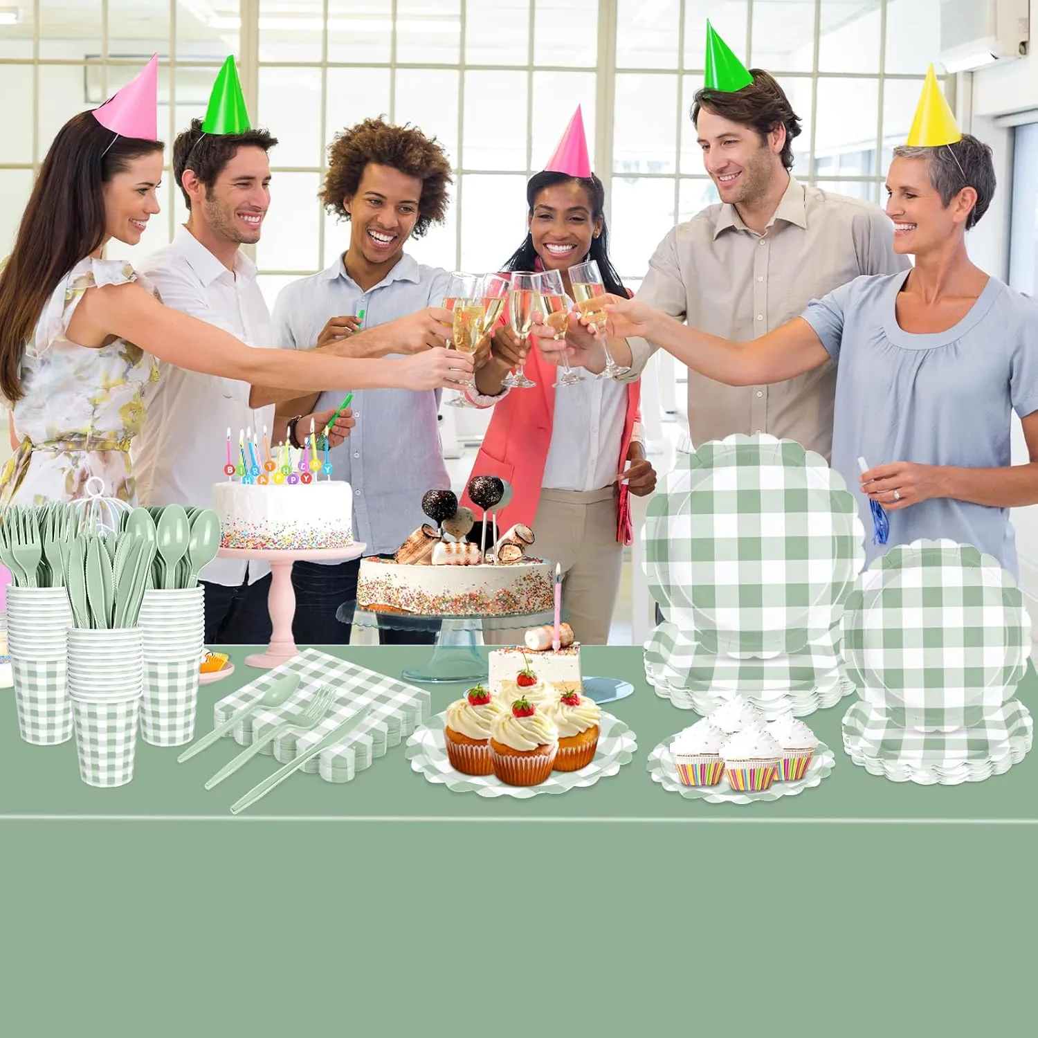 175 PCS Sage Green Gingham Plates and Napkins, Green Checkered Disposable Plates Set with Napkins Cups Plastic Spoons Forks Knives for Dinner Birthday Baby Shower Wedding Supplies Serve 25 Guests