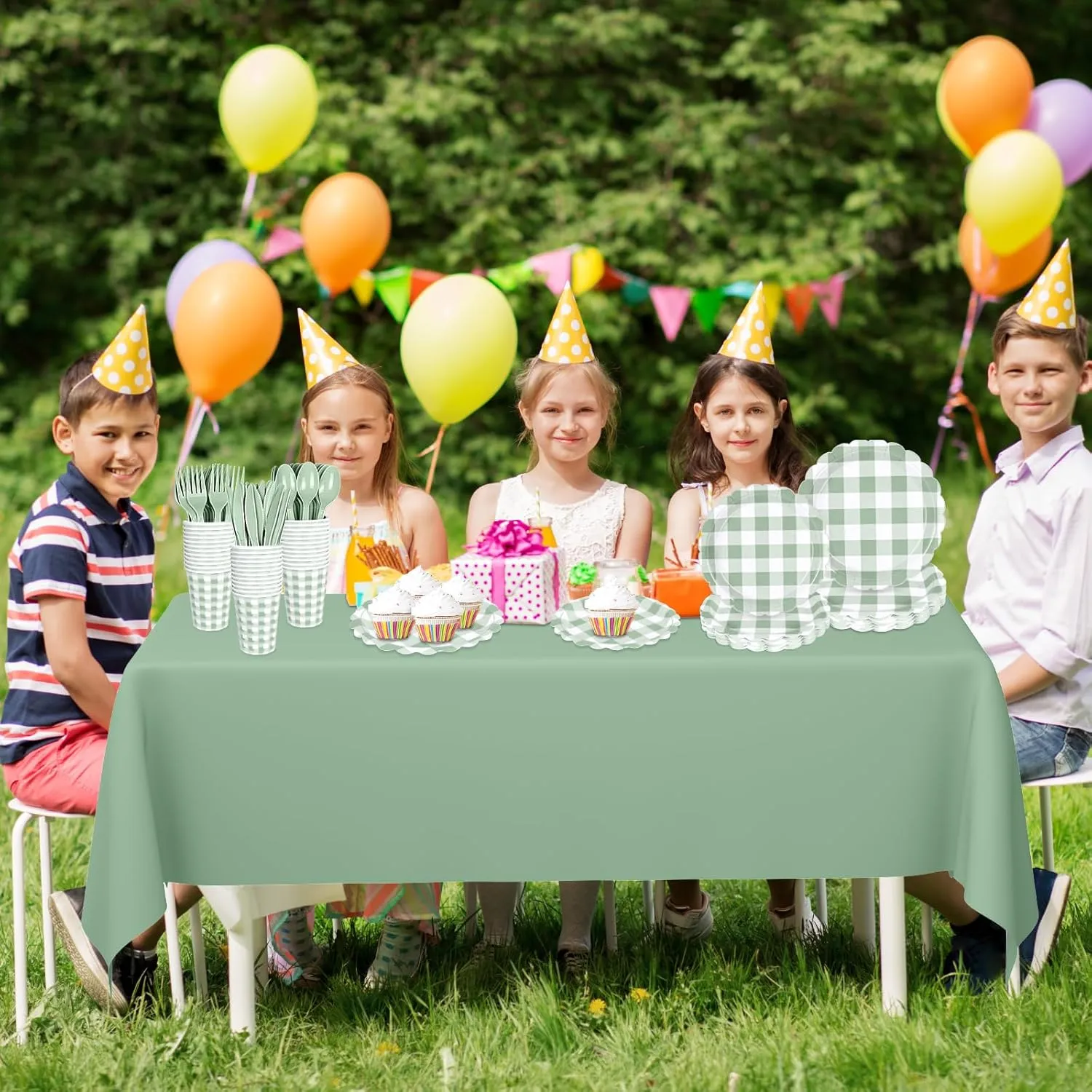 175 PCS Sage Green Gingham Plates and Napkins, Green Checkered Disposable Plates Set with Napkins Cups Plastic Spoons Forks Knives for Dinner Birthday Baby Shower Wedding Supplies Serve 25 Guests