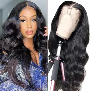 18 Inch Body Wave Lace Front Wigs Human Hair Pre Plucked 13x4 Lace Frontal Wig with Baby Hair 180% Density 9A Glueless Brazilian Virgin Human Hair Wigs for Black Women Natural Hairline Natural Color