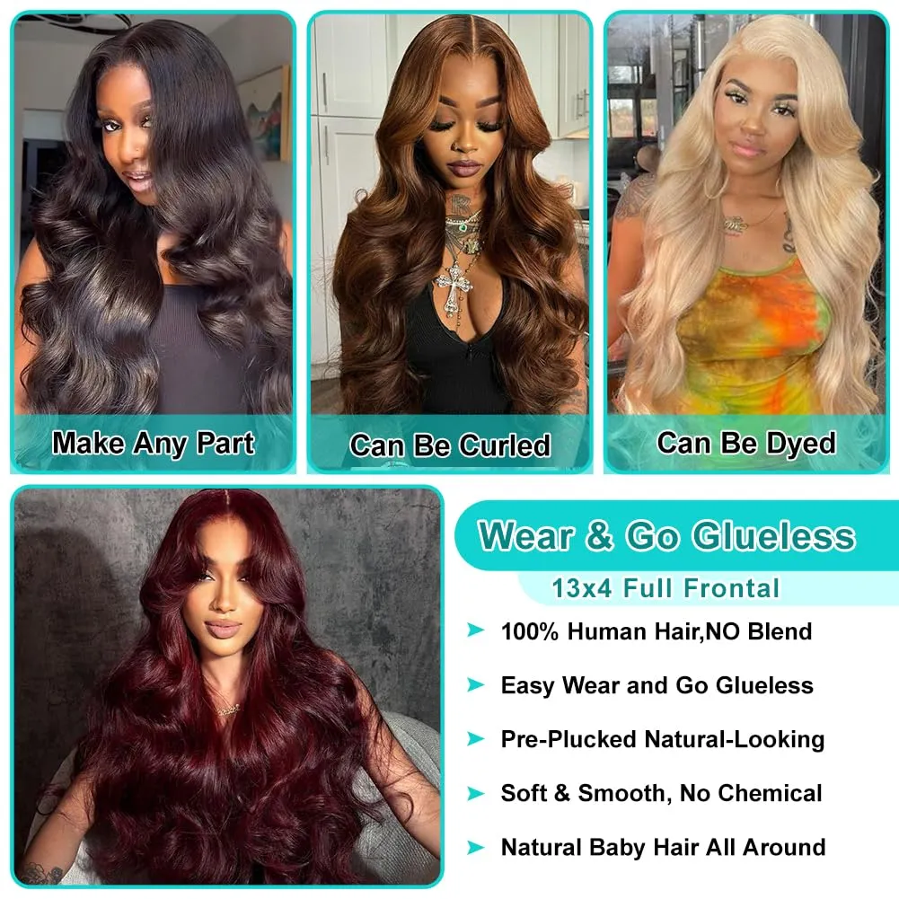 18 Inch Body Wave Lace Front Wigs Human Hair Pre Plucked 13x4 Lace Frontal Wig with Baby Hair 180% Density 9A Glueless Brazilian Virgin Human Hair Wigs for Black Women Natural Hairline Natural Color