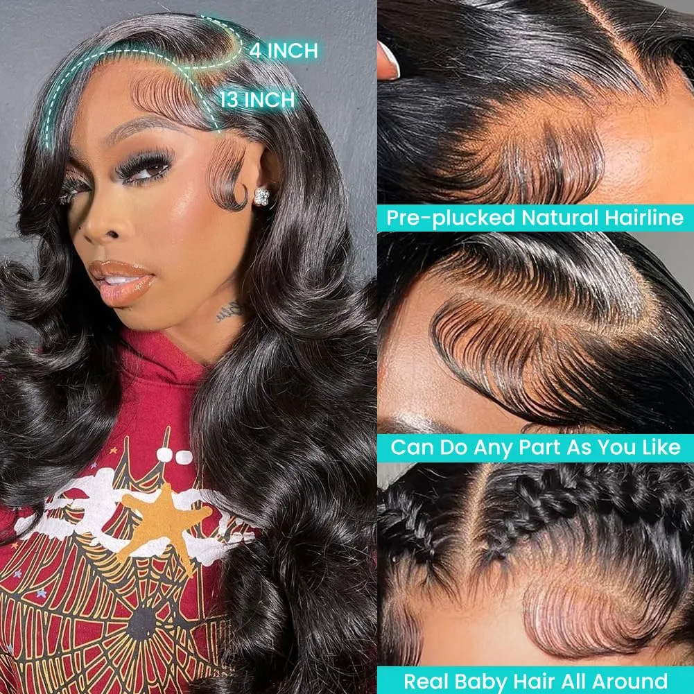 18 Inch Body Wave Lace Front Wigs Human Hair Pre Plucked 13x4 Lace Frontal Wig with Baby Hair 180% Density 9A Glueless Brazilian Virgin Human Hair Wigs for Black Women Natural Hairline Natural Color