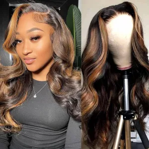 18inch Ombre Lace Front Wig Human Hair 1B/30 Highlight Ombre 13x4 HD Lace Front Wigs Human Hair Pre Plucked 180% Density Light Brown Body Wave Balayage Lace Front Wigs Human Hair Wigs for Women Brown