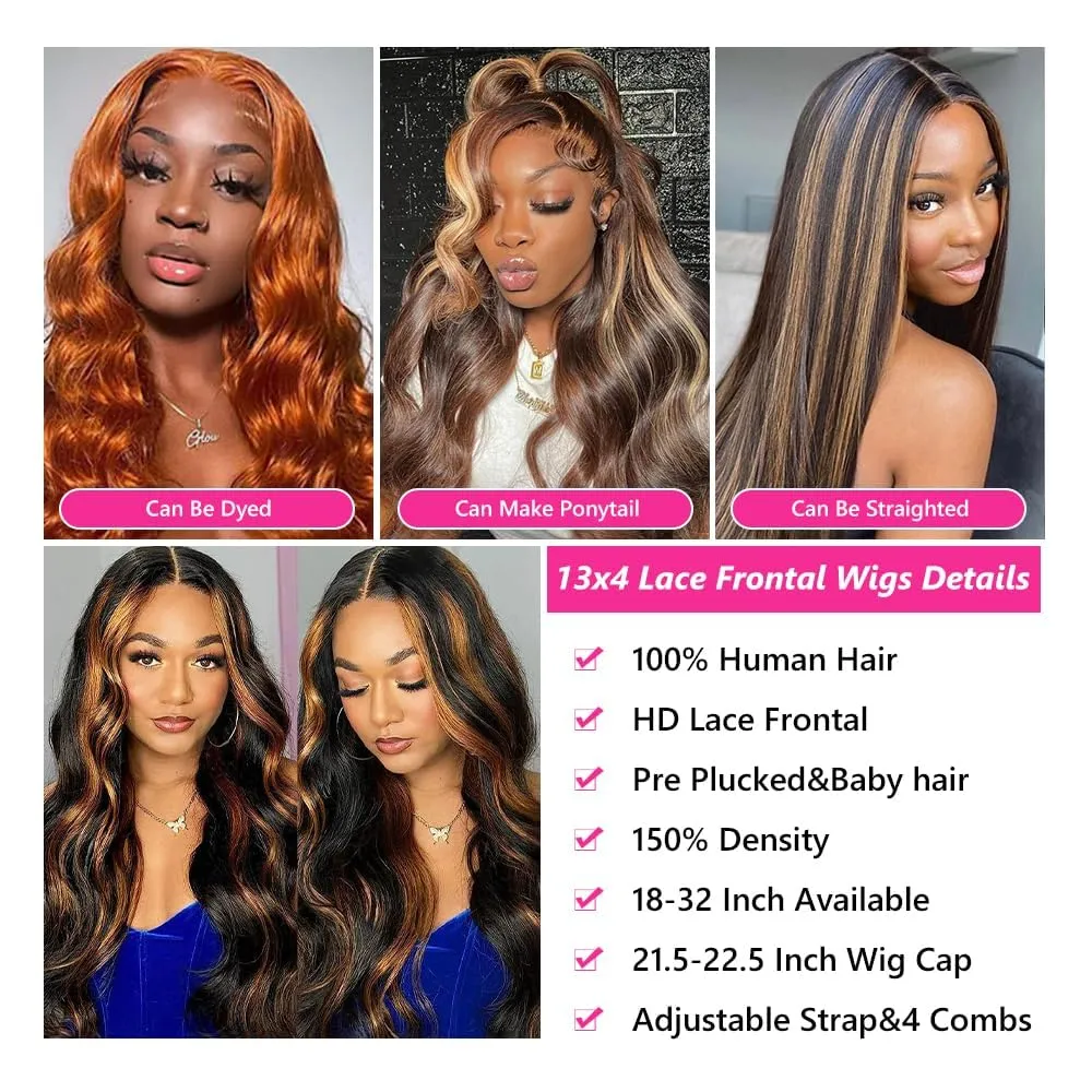 18inch Ombre Lace Front Wig Human Hair 1B/30 Highlight Ombre 13x4 HD Lace Front Wigs Human Hair Pre Plucked 180% Density Light Brown Body Wave Balayage Lace Front Wigs Human Hair Wigs for Women Brown