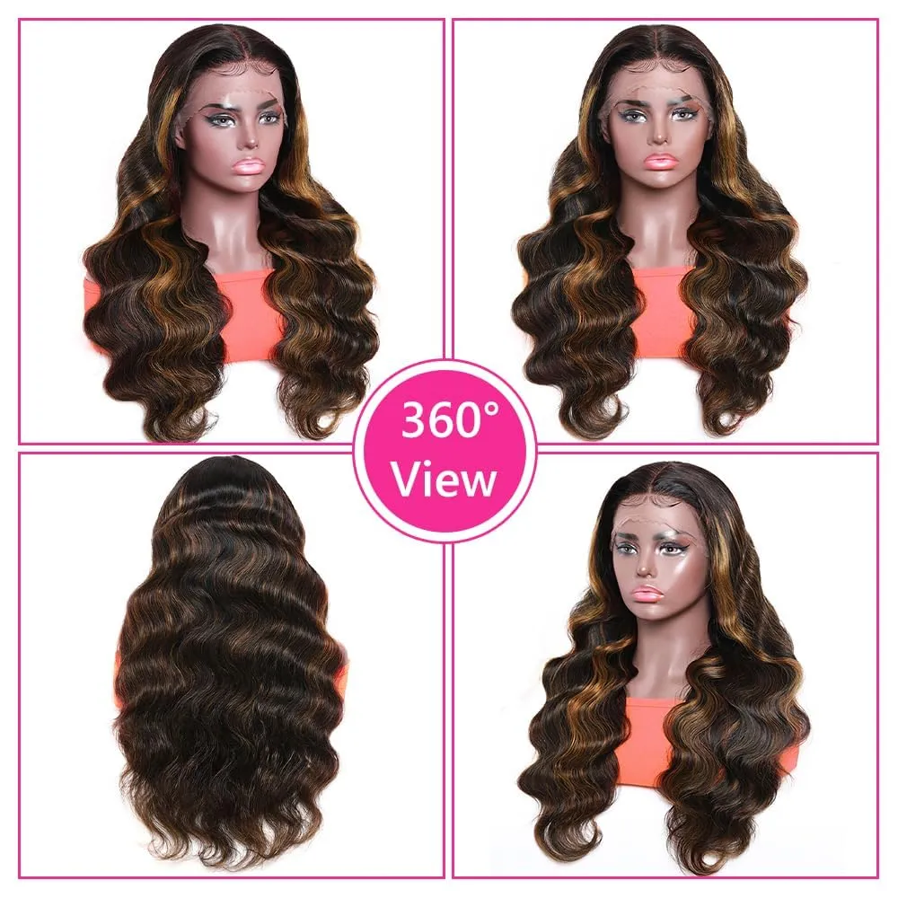 18inch Ombre Lace Front Wig Human Hair 1B/30 Highlight Ombre 13x4 HD Lace Front Wigs Human Hair Pre Plucked 180% Density Light Brown Body Wave Balayage Lace Front Wigs Human Hair Wigs for Women Brown