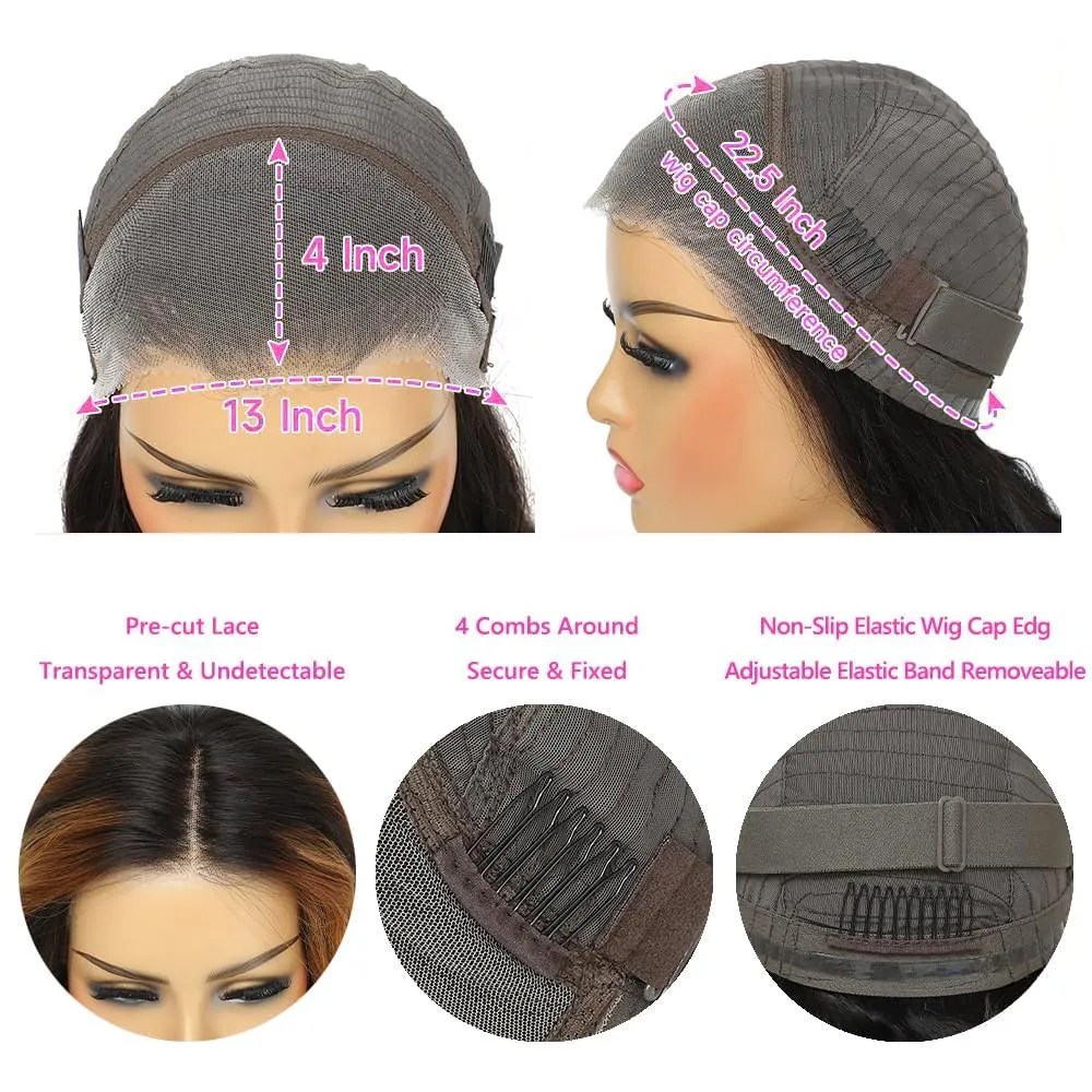 18inch Ombre Lace Front Wig Human Hair 1B/30 Highlight Ombre 13x4 HD Lace Front Wigs Human Hair Pre Plucked 180% Density Light Brown Body Wave Balayage Lace Front Wigs Human Hair Wigs for Women Brown