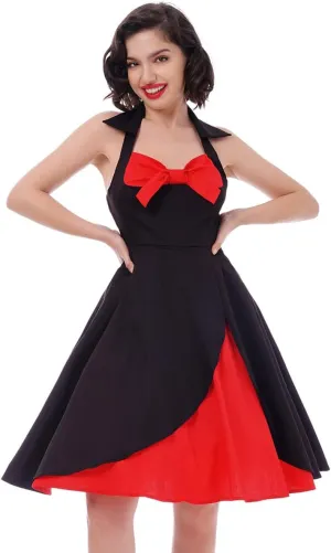 1950s Dresses for Women Vintage Halter Polka Dot Floral Print Swing A Line Midi Dress Cocktail Party Prom Gown