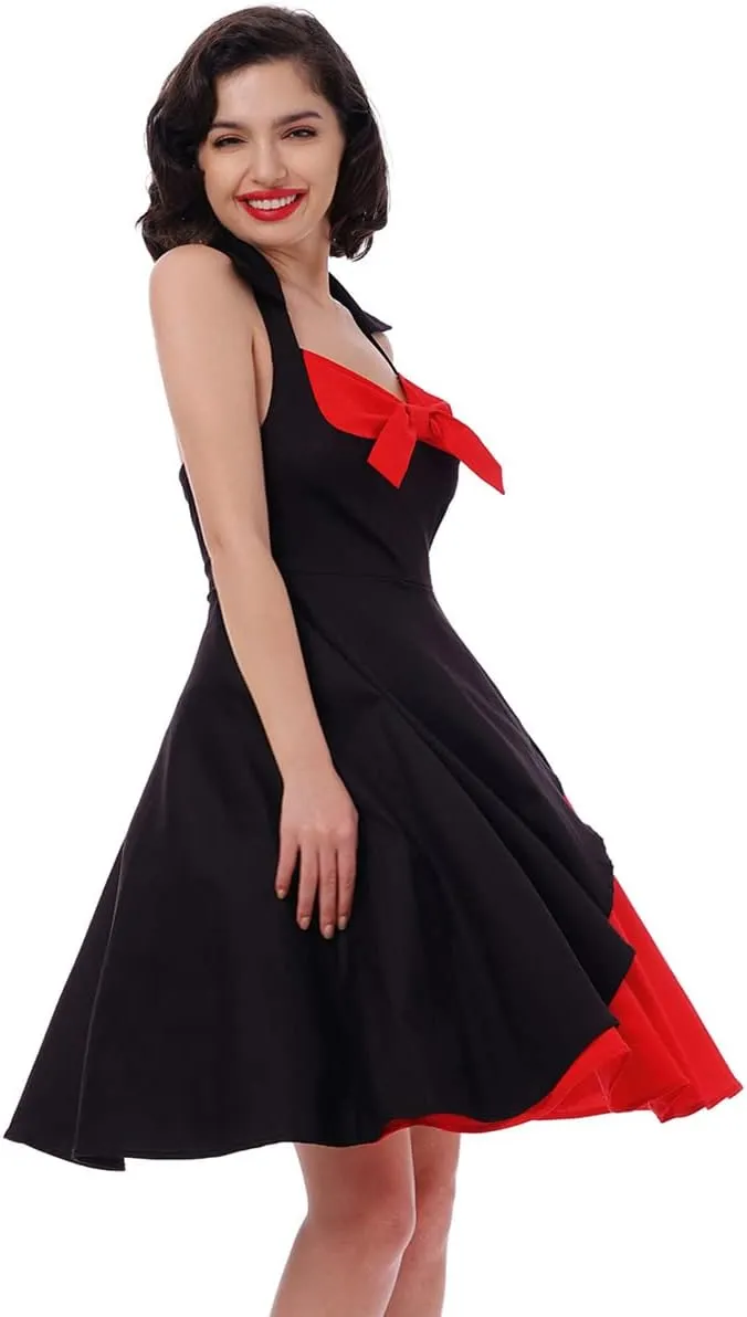 1950s Dresses for Women Vintage Halter Polka Dot Floral Print Swing A Line Midi Dress Cocktail Party Prom Gown