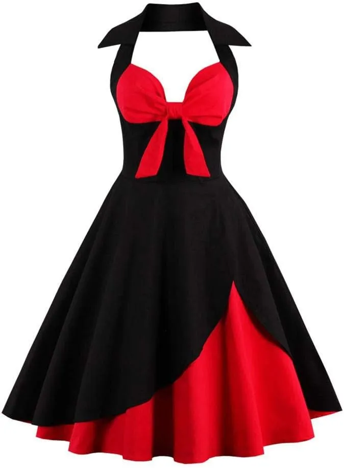 1950s Dresses for Women Vintage Halter Polka Dot Floral Print Swing A Line Midi Dress Cocktail Party Prom Gown