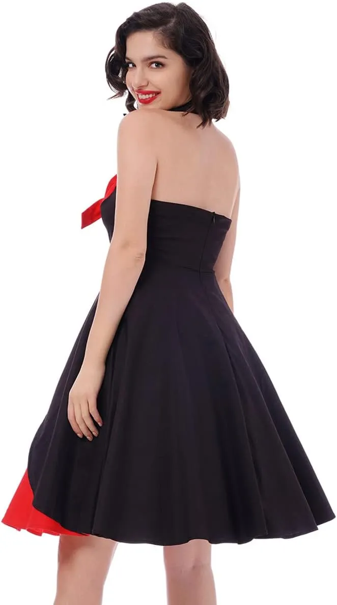 1950s Dresses for Women Vintage Halter Polka Dot Floral Print Swing A Line Midi Dress Cocktail Party Prom Gown
