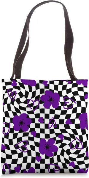 1960s vintage check floral black white purple 1990s boho Tote Bag