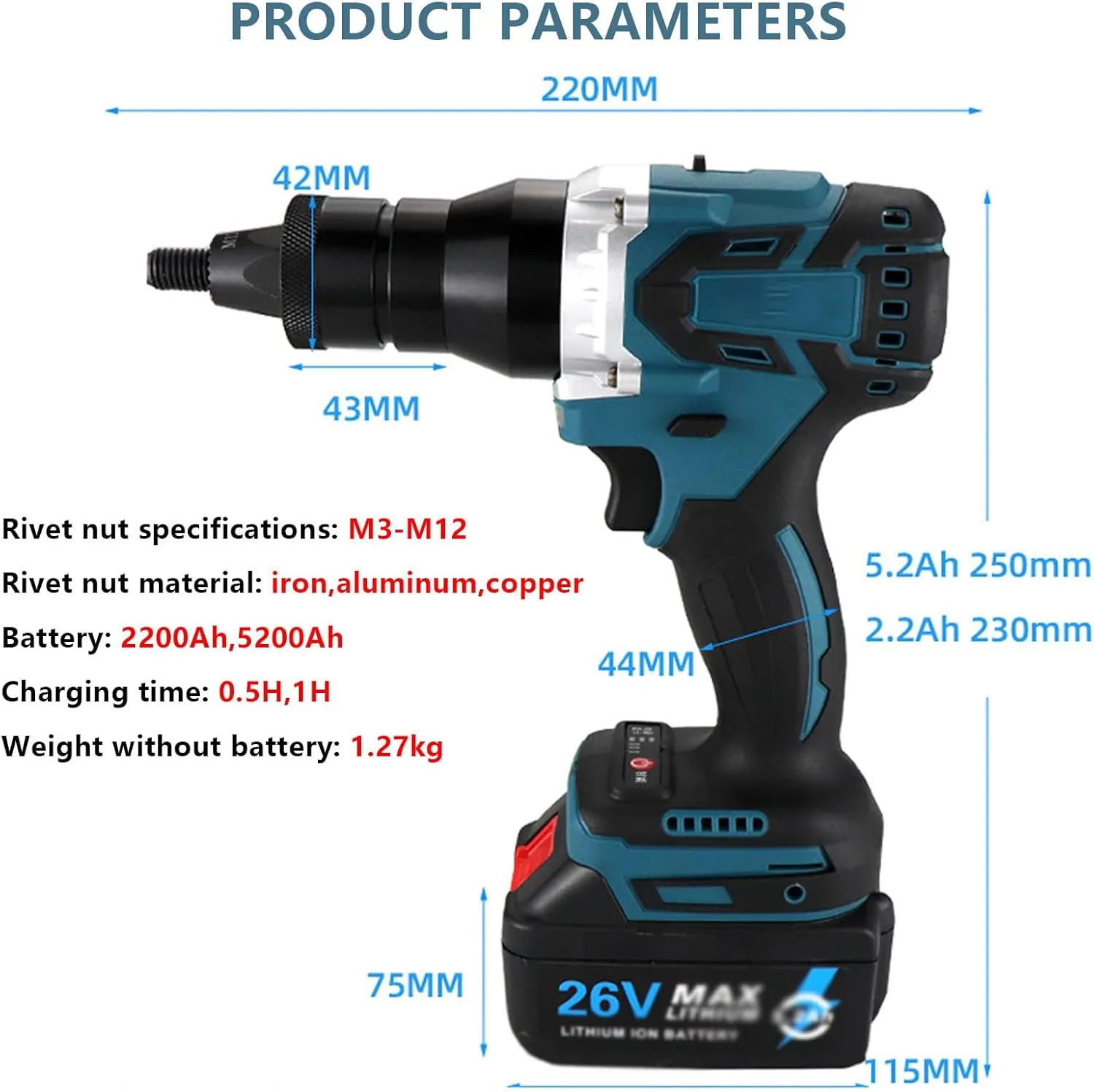 2-in-1 Cordless Rivet Nut Gun Set,Portable Automatic Rivet Gun with M3/M4/M5/M6/M8/M10/M12 Battery Powered Pop Rivet Insert Installation Tool,2Battery-5200mAh