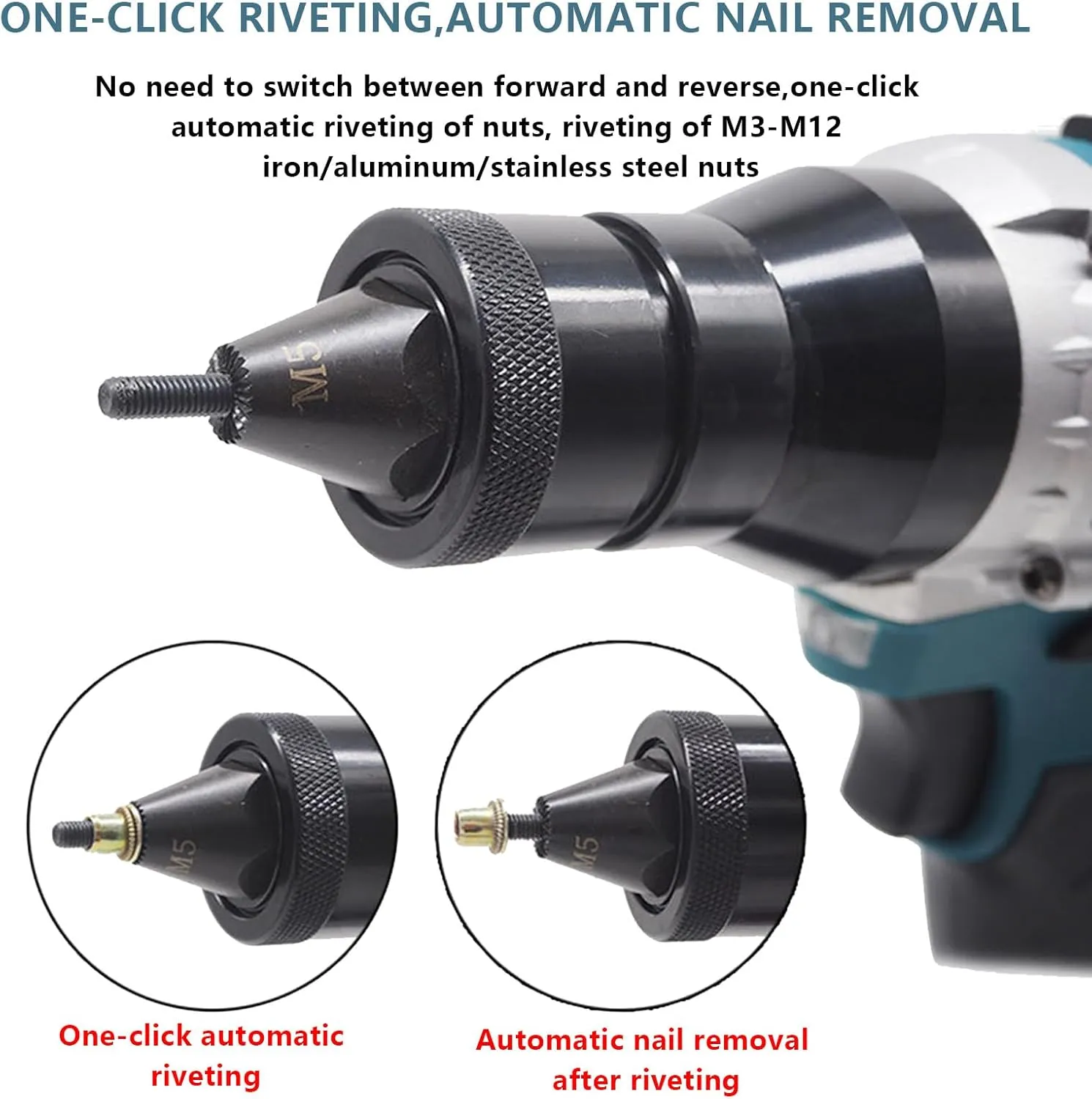 2-in-1 Cordless Rivet Nut Gun Set,Portable Automatic Rivet Gun with M3/M4/M5/M6/M8/M10/M12 Battery Powered Pop Rivet Insert Installation Tool,2Battery-5200mAh