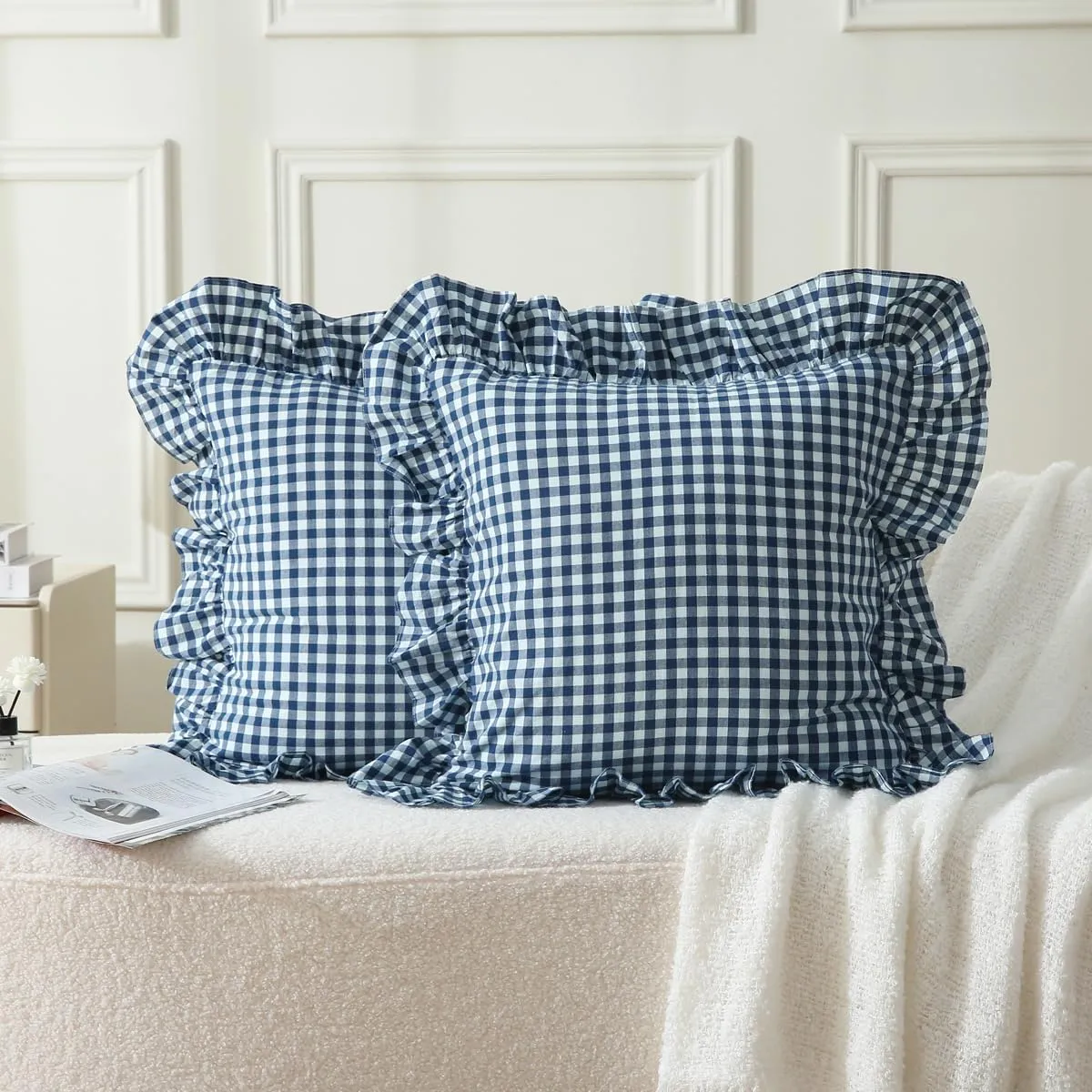 2 Pack Navy Blue/White Plaid Ruffle Throw Pillow Covers Shabby Checkered Chic Washed Cotton Gingham Pillow Shams for Bed, Sofa, Living Room-20"x20"