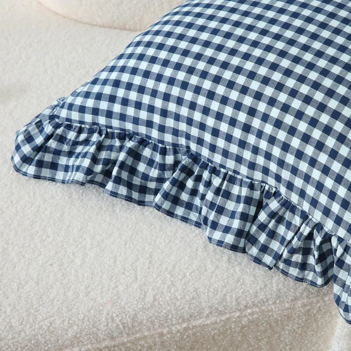 2 Pack Navy Blue/White Plaid Ruffle Throw Pillow Covers Shabby Checkered Chic Washed Cotton Gingham Pillow Shams for Bed, Sofa, Living Room-20"x20"