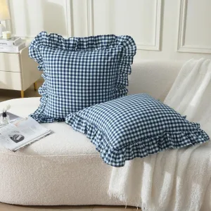 2 Pack Navy Blue/White Plaid Ruffle Throw Pillow Covers Shabby Checkered Chic Washed Cotton Gingham Pillow Shams for Bed, Sofa, Living Room-20"x20"