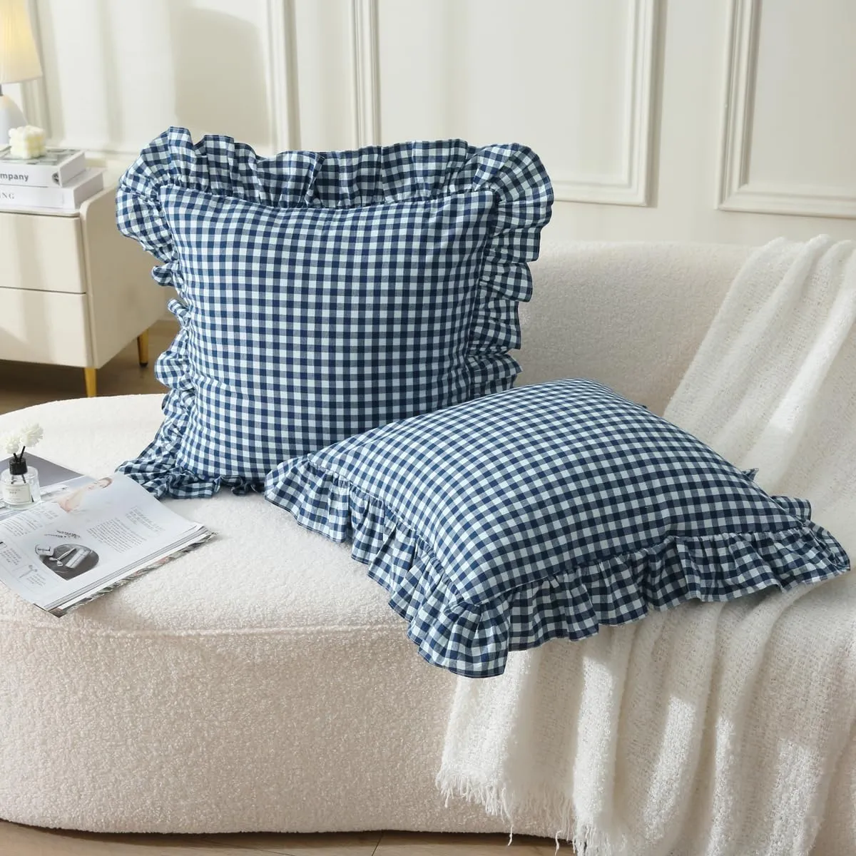 2 Pack Navy Blue/White Plaid Ruffle Throw Pillow Covers Shabby Checkered Chic Washed Cotton Gingham Pillow Shams for Bed, Sofa, Living Room-20"x20"