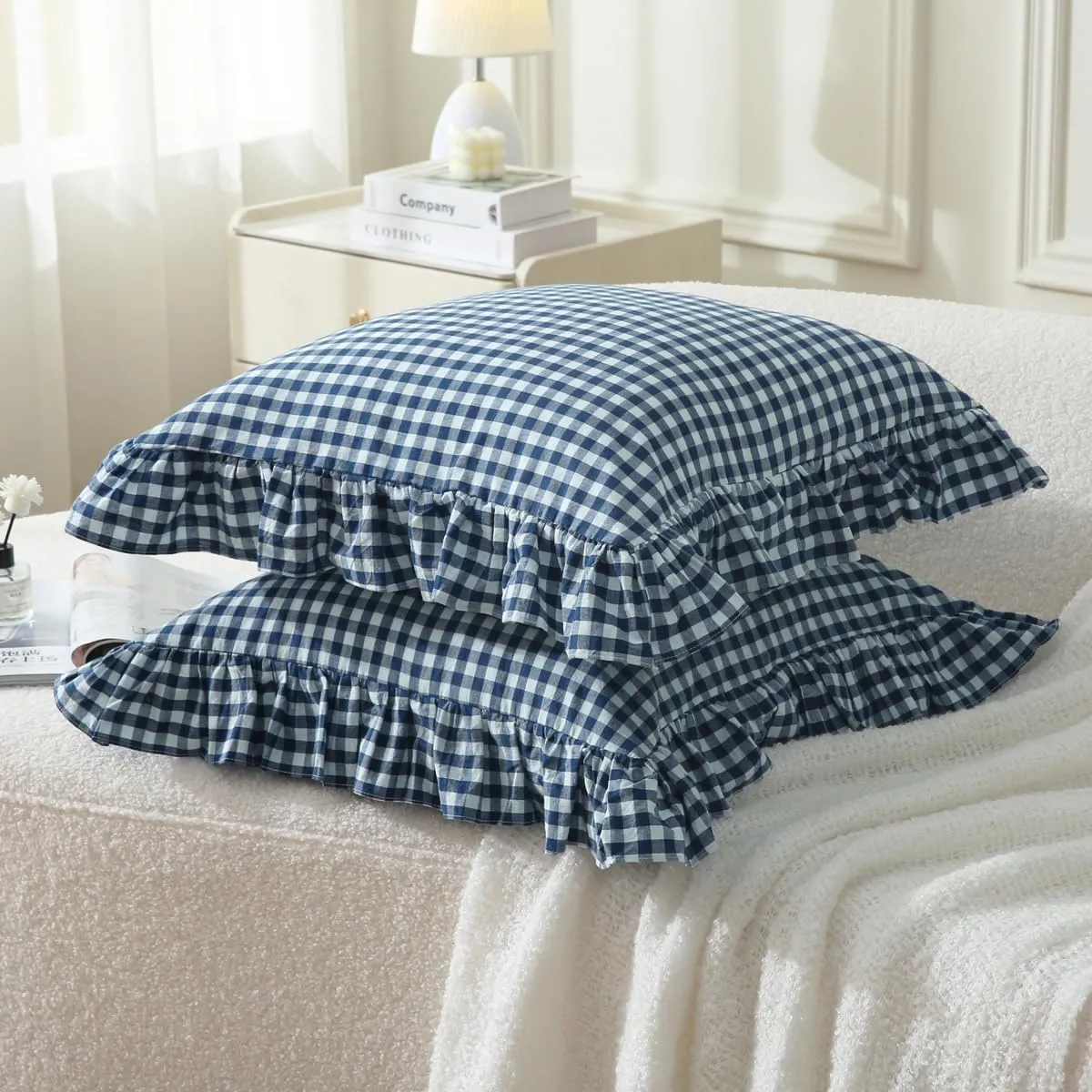 2 Pack Navy Blue/White Plaid Ruffle Throw Pillow Covers Shabby Checkered Chic Washed Cotton Gingham Pillow Shams for Bed, Sofa, Living Room-20"x20"