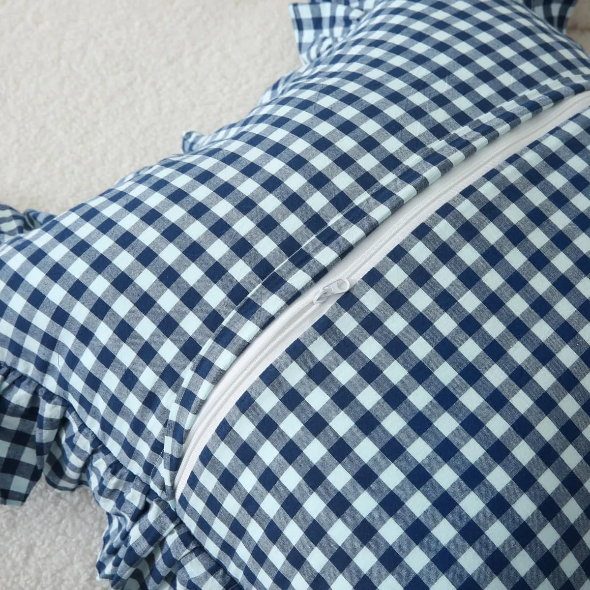 2 Pack Navy Blue/White Plaid Ruffle Throw Pillow Covers Shabby Checkered Chic Washed Cotton Gingham Pillow Shams for Bed, Sofa, Living Room-20"x20"