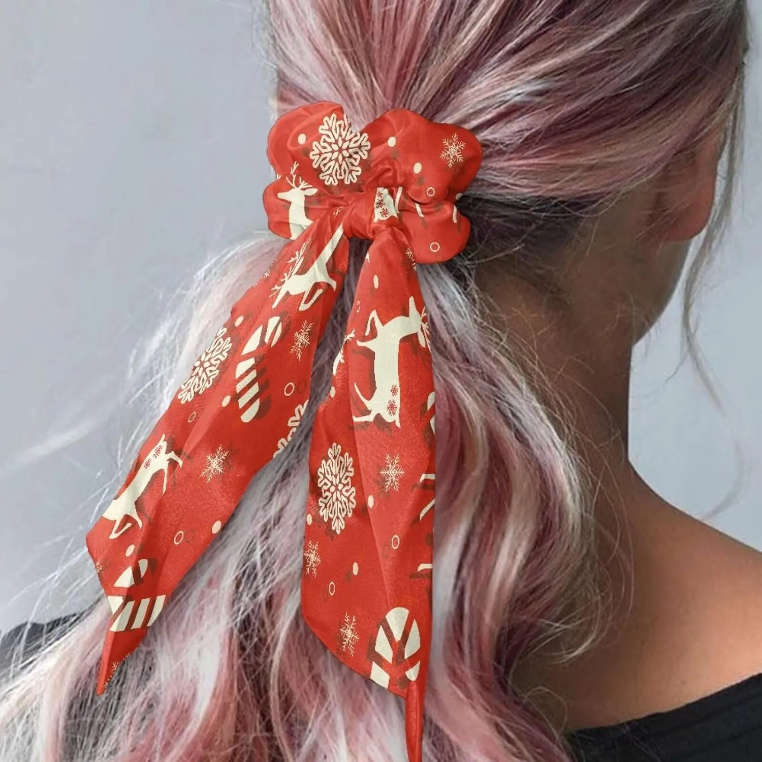 2 Pcs Christmas Reindeer Snowflake Sugar Bunny Ear Bow Bowknot Scrunchie, Red Elastic Ponytail Holder Hair Bands for Women Girls Xmas Party