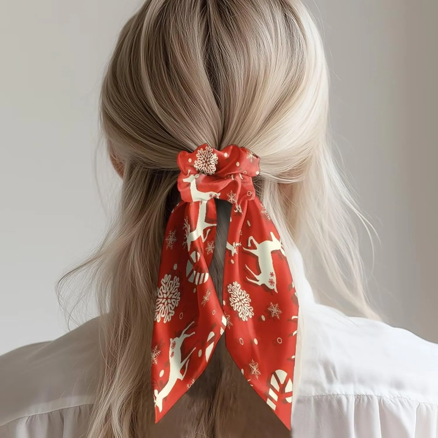 2 Pcs Christmas Reindeer Snowflake Sugar Bunny Ear Bow Bowknot Scrunchie, Red Elastic Ponytail Holder Hair Bands for Women Girls Xmas Party