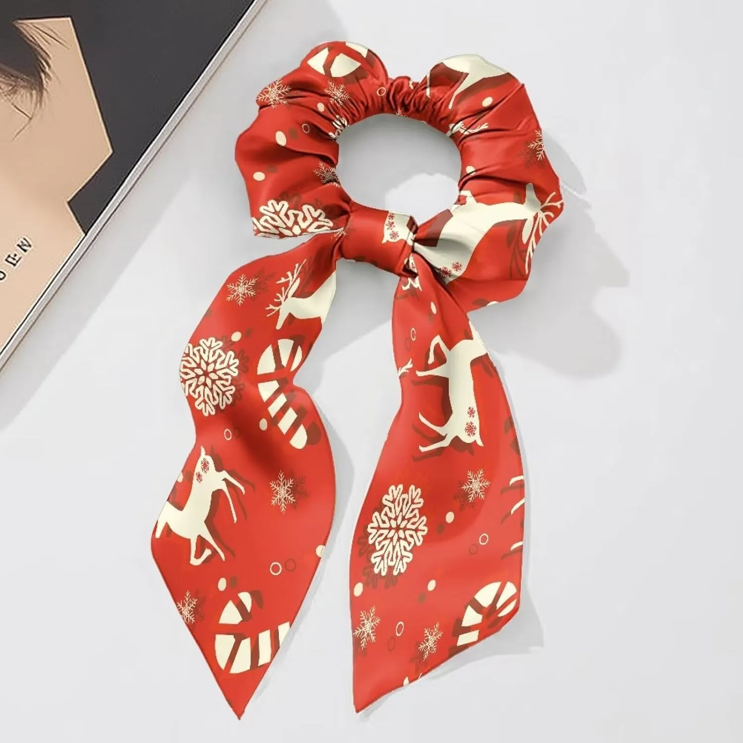 2 Pcs Christmas Reindeer Snowflake Sugar Bunny Ear Bow Bowknot Scrunchie, Red Elastic Ponytail Holder Hair Bands for Women Girls Xmas Party