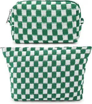 2 Pieces Makeup Bag Large Checkered Cosmetic Bag Capacity Canvas Mix Travel Toiletry Bag Organizer Cute Makeup Brushes Aesthetic Accessories Storage Bag for Women, Checkered Mix Green
