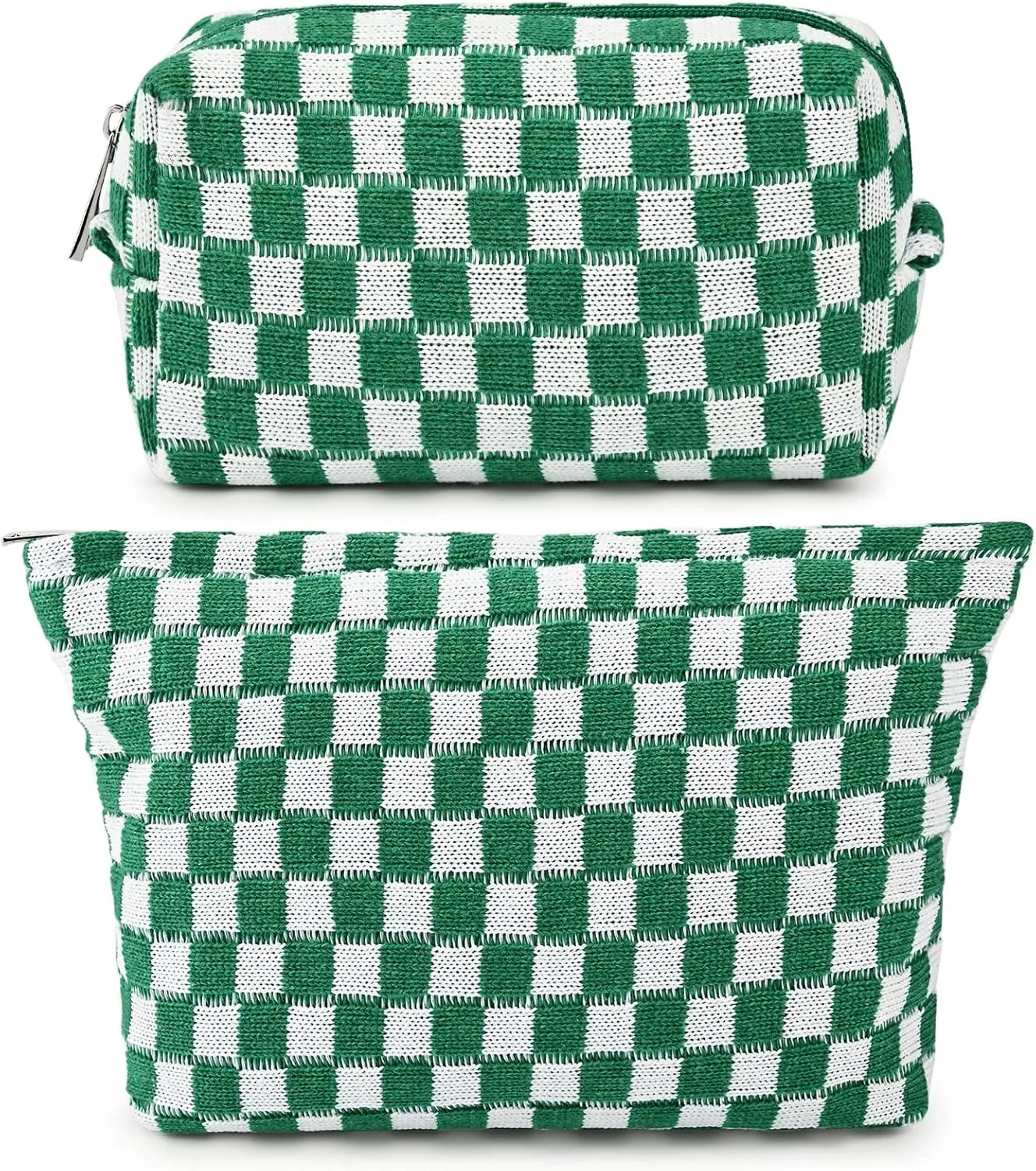 2 Pieces Makeup Bag Large Checkered Cosmetic Bag Capacity Canvas Mix Travel Toiletry Bag Organizer Cute Makeup Brushes Aesthetic Accessories Storage Bag for Women, Checkered Mix Green
