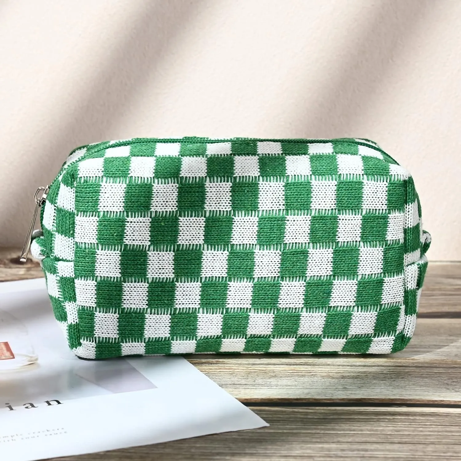 2 Pieces Makeup Bag Large Checkered Cosmetic Bag Capacity Canvas Mix Travel Toiletry Bag Organizer Cute Makeup Brushes Aesthetic Accessories Storage Bag for Women, Checkered Mix Green