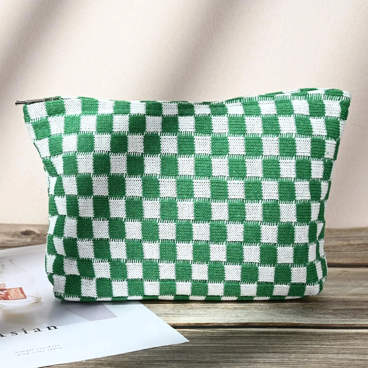 2 Pieces Makeup Bag Large Checkered Cosmetic Bag Capacity Canvas Mix Travel Toiletry Bag Organizer Cute Makeup Brushes Aesthetic Accessories Storage Bag for Women, Checkered Mix Green