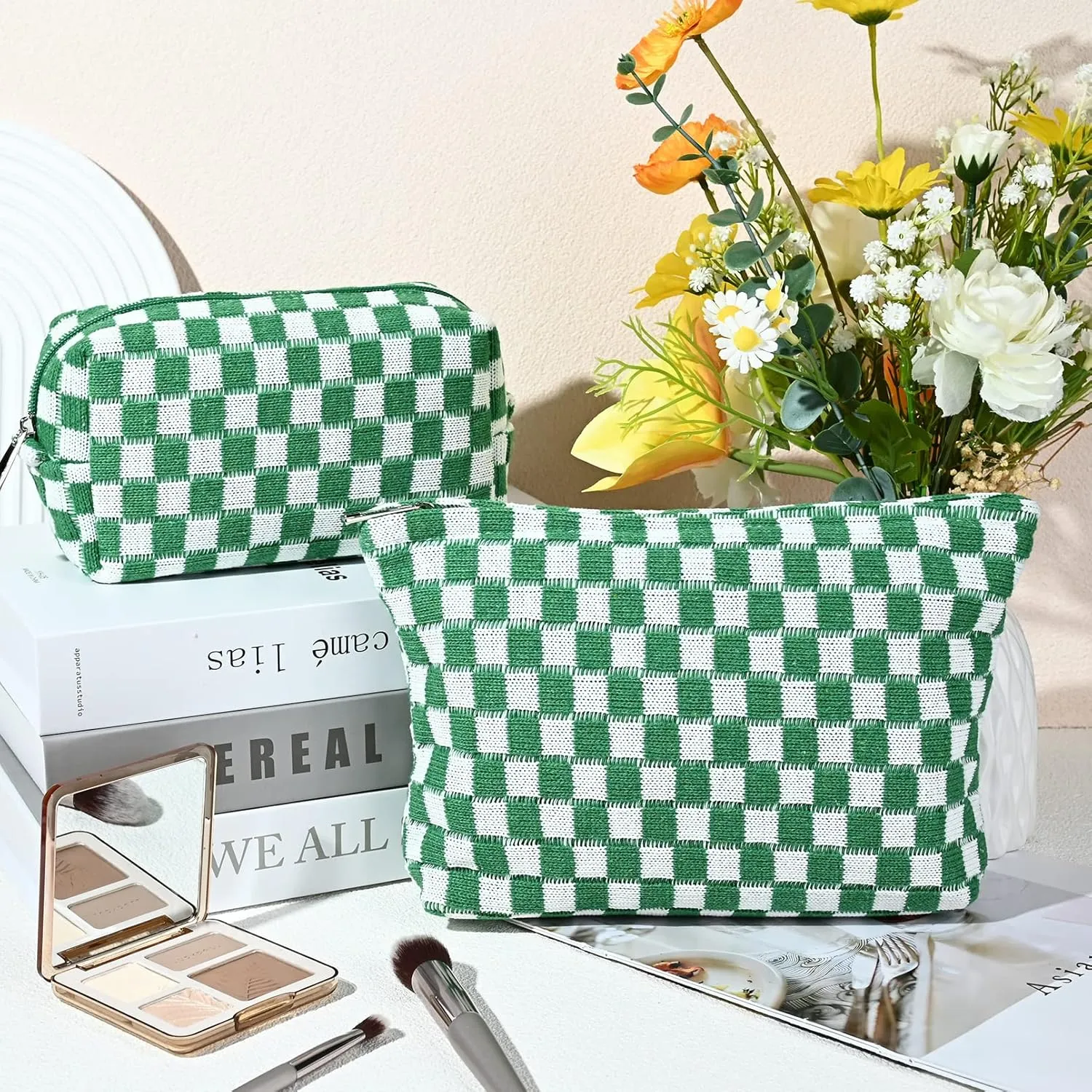 2 Pieces Makeup Bag Large Checkered Cosmetic Bag Capacity Canvas Mix Travel Toiletry Bag Organizer Cute Makeup Brushes Aesthetic Accessories Storage Bag for Women, Checkered Mix Green