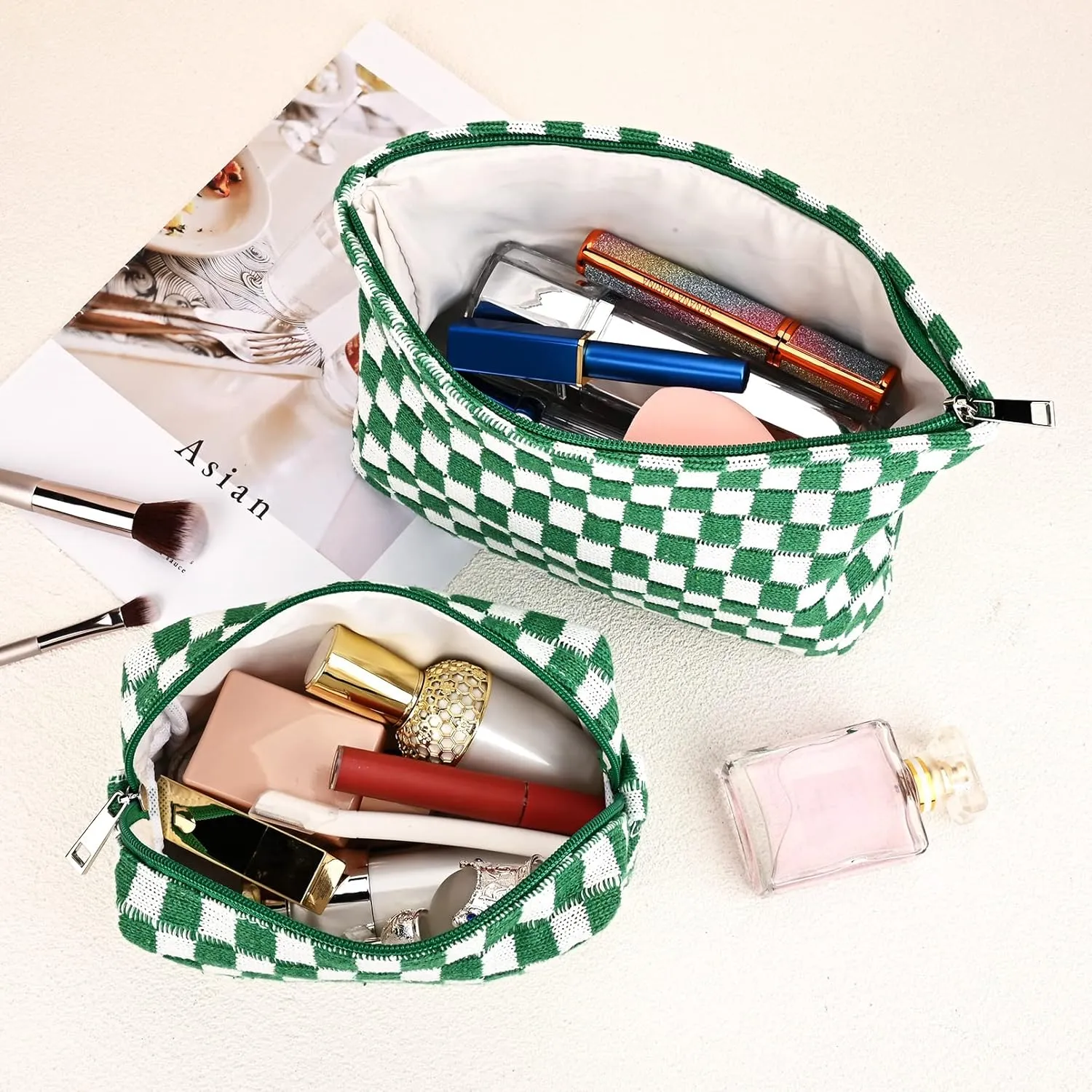 2 Pieces Makeup Bag Large Checkered Cosmetic Bag Capacity Canvas Mix Travel Toiletry Bag Organizer Cute Makeup Brushes Aesthetic Accessories Storage Bag for Women, Checkered Mix Green