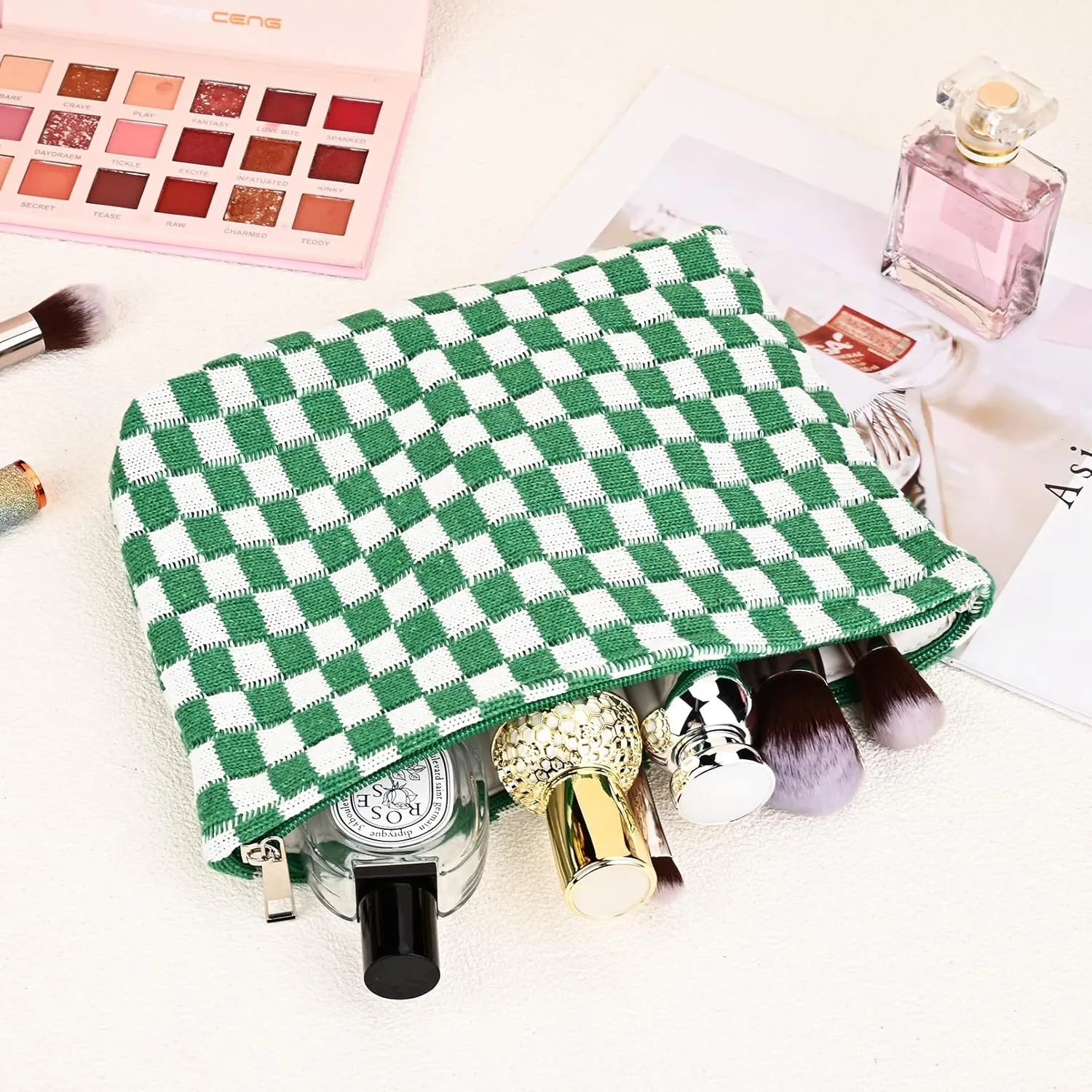 2 Pieces Makeup Bag Large Checkered Cosmetic Bag Capacity Canvas Mix Travel Toiletry Bag Organizer Cute Makeup Brushes Aesthetic Accessories Storage Bag for Women, Checkered Mix Green