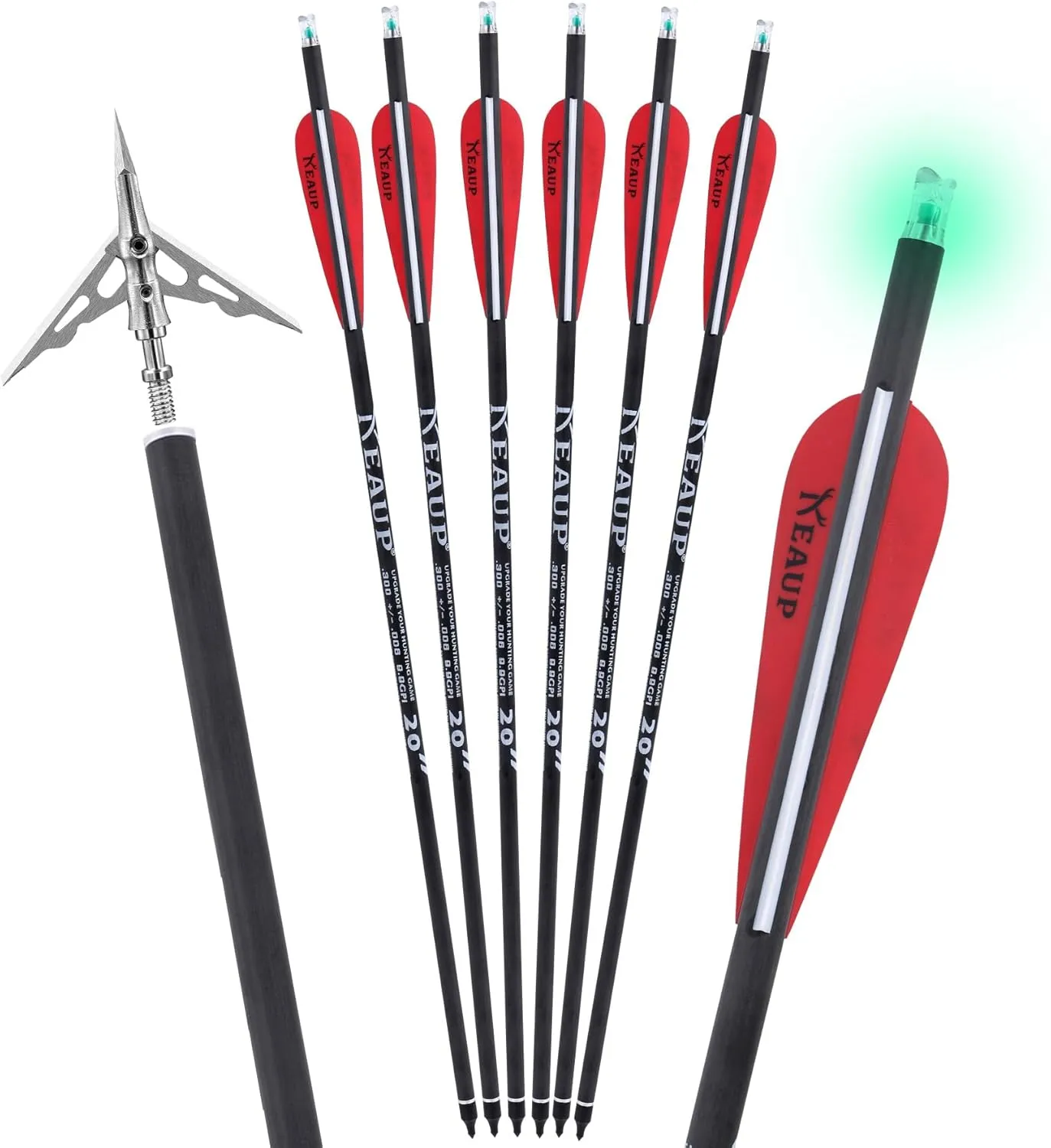 20 inch Carbon Crossbow Bolts with Crossbow Broadheads and Lighted Nocks, 6 Pack Hunting Carbon Crossbow Arrows for Archery Practice and Hunting