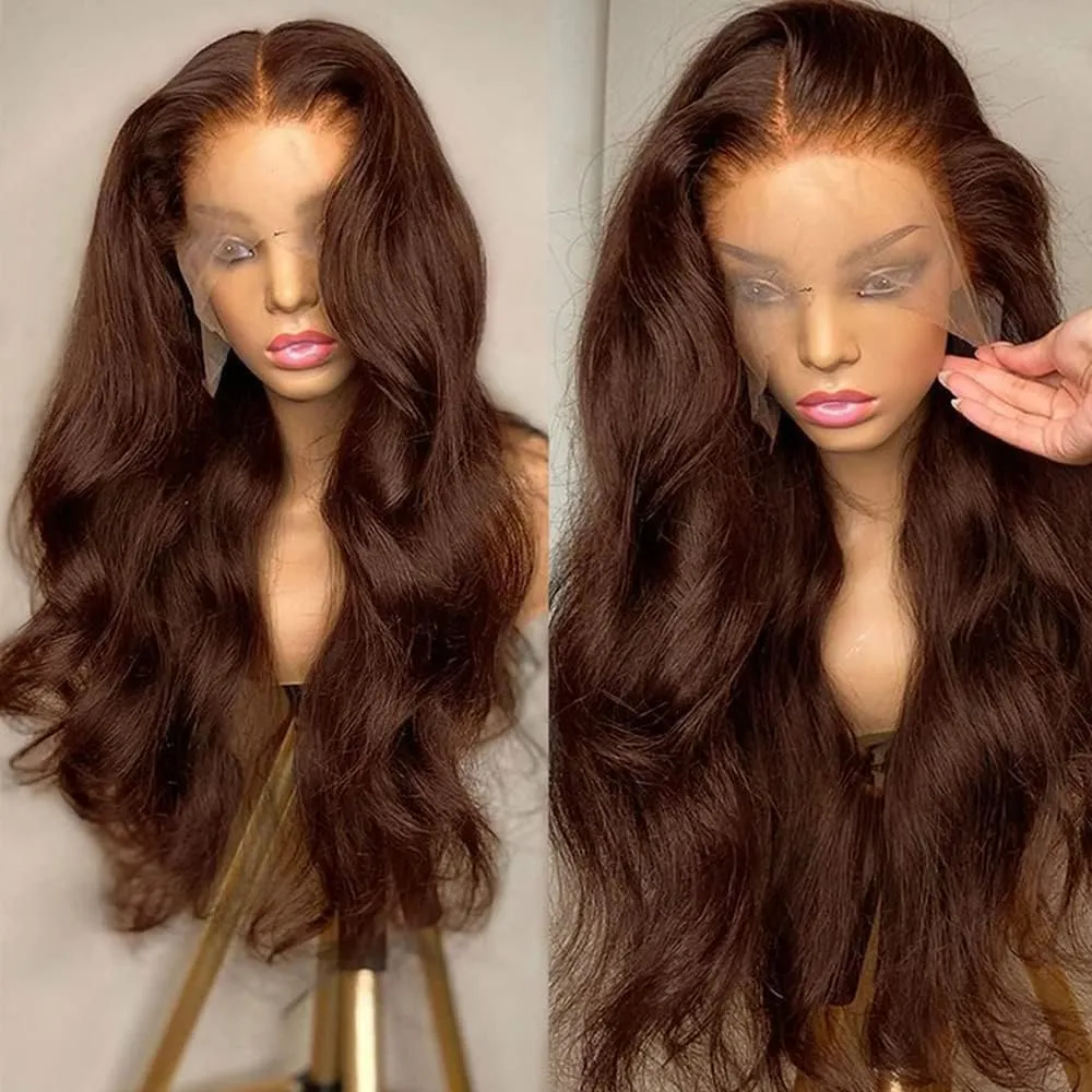 200 Density 13X6 Chocolate Brown Body Wave Lace Front Wigs Human Hair 13x6 HD Transparent Lace Front Wigs For Women Auburn Brown Colored with Baby Hair Glueless Wigs Human Hair Full And Thick 18 Inch