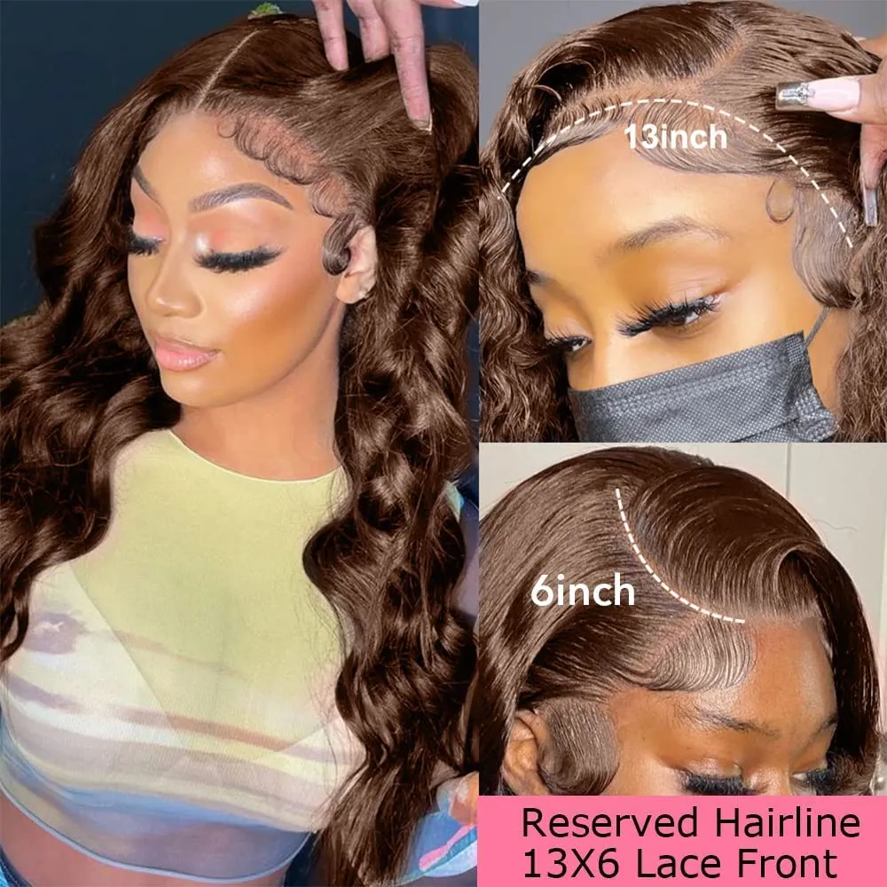 200 Density 13X6 Chocolate Brown Body Wave Lace Front Wigs Human Hair 13x6 HD Transparent Lace Front Wigs For Women Auburn Brown Colored with Baby Hair Glueless Wigs Human Hair Full And Thick 18 Inch
