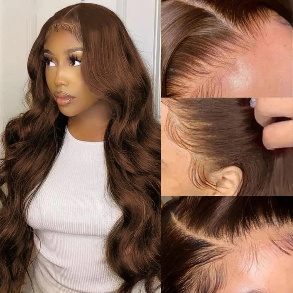 200 Density 13X6 Chocolate Brown Body Wave Lace Front Wigs Human Hair 13x6 HD Transparent Lace Front Wigs For Women Auburn Brown Colored with Baby Hair Glueless Wigs Human Hair Full And Thick 18 Inch