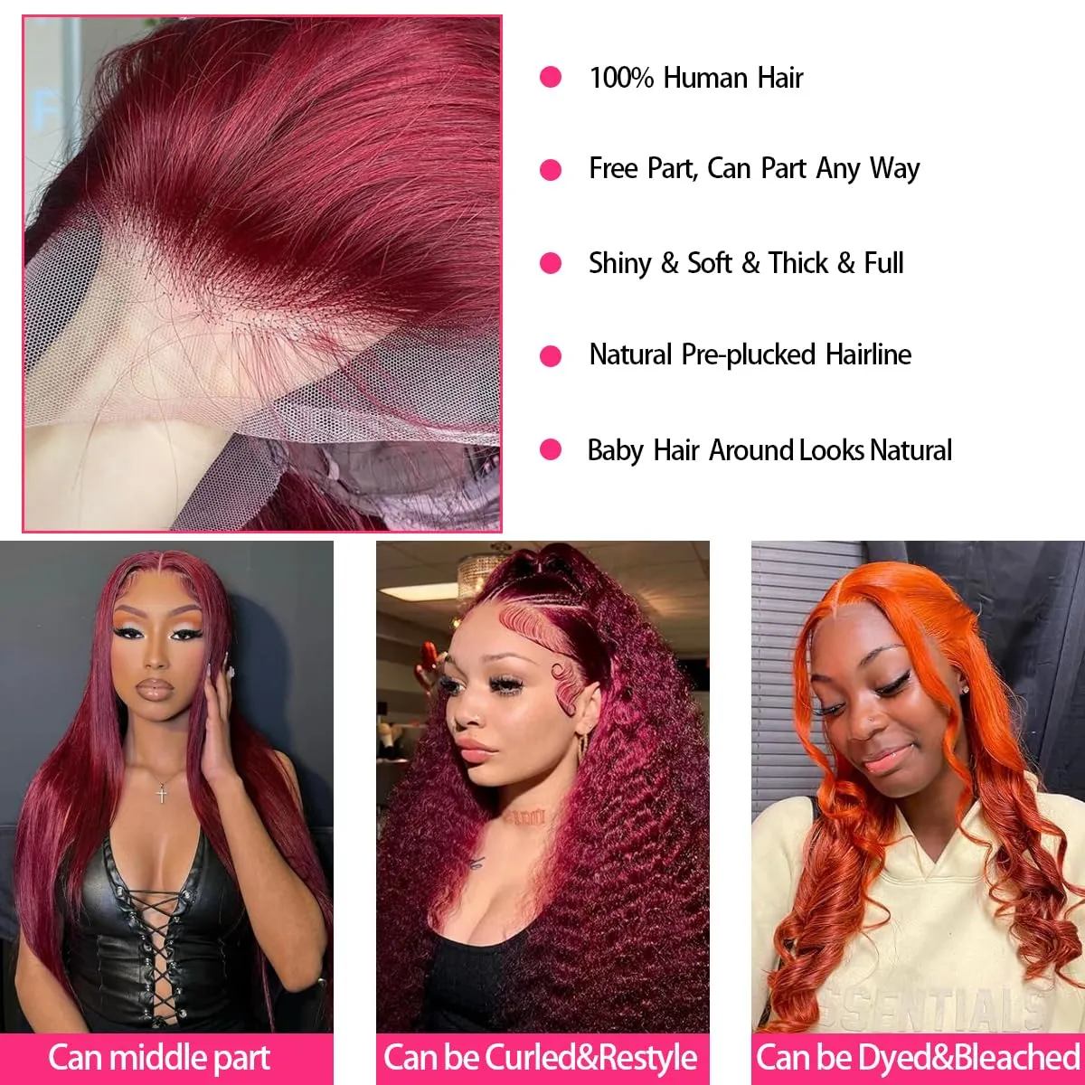 200 Density Burgundy Straight Lace Front Wigs Human Hair 99J 13x6 HD Lace Frontal Red Wigs Pre Plucked With Baby Hair Brazilian Virgin Human Hair Glueless Wigs for Women Natural Hairline 24 Inch