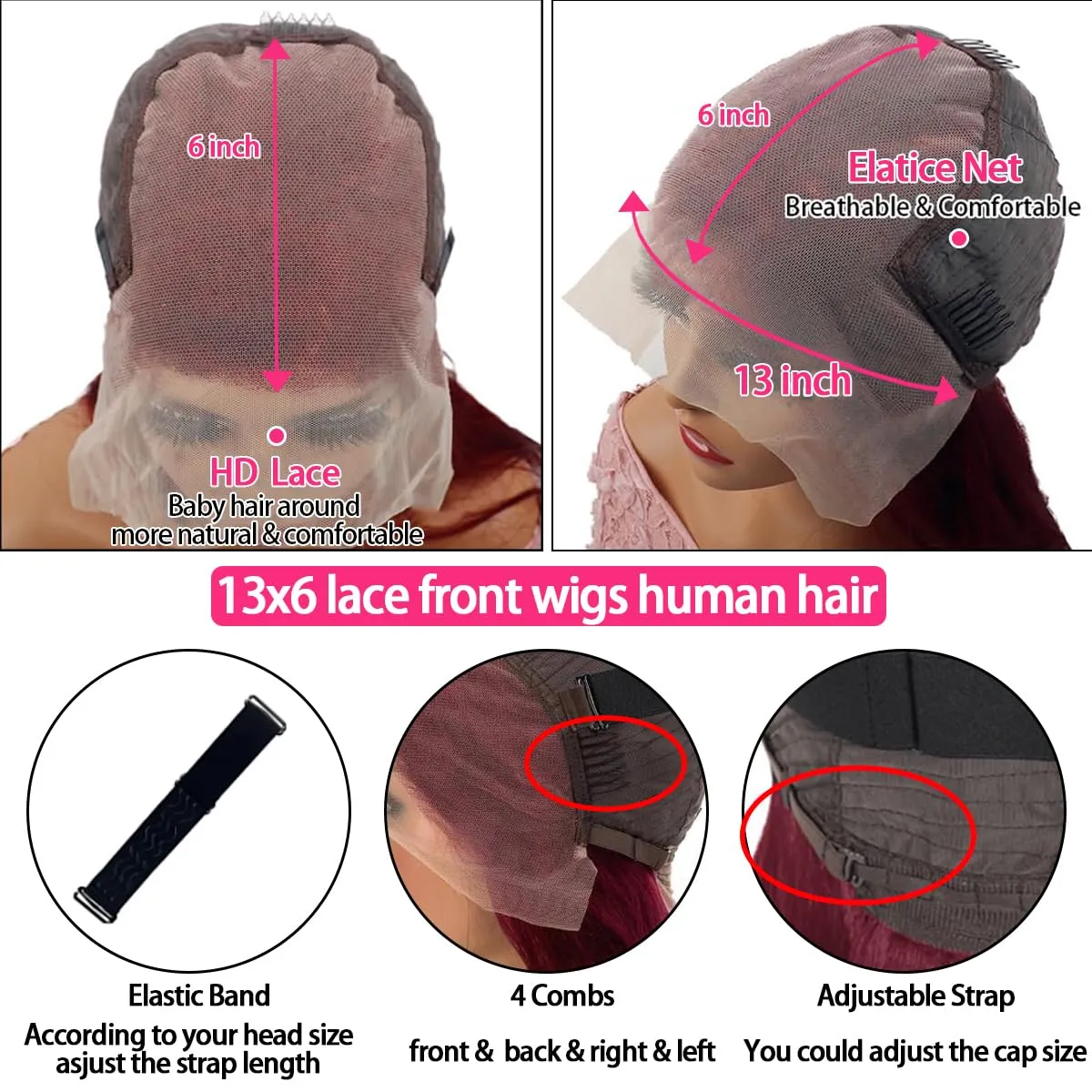 200 Density Burgundy Straight Lace Front Wigs Human Hair 99J 13x6 HD Lace Frontal Red Wigs Pre Plucked With Baby Hair Brazilian Virgin Human Hair Glueless Wigs for Women Natural Hairline 24 Inch
