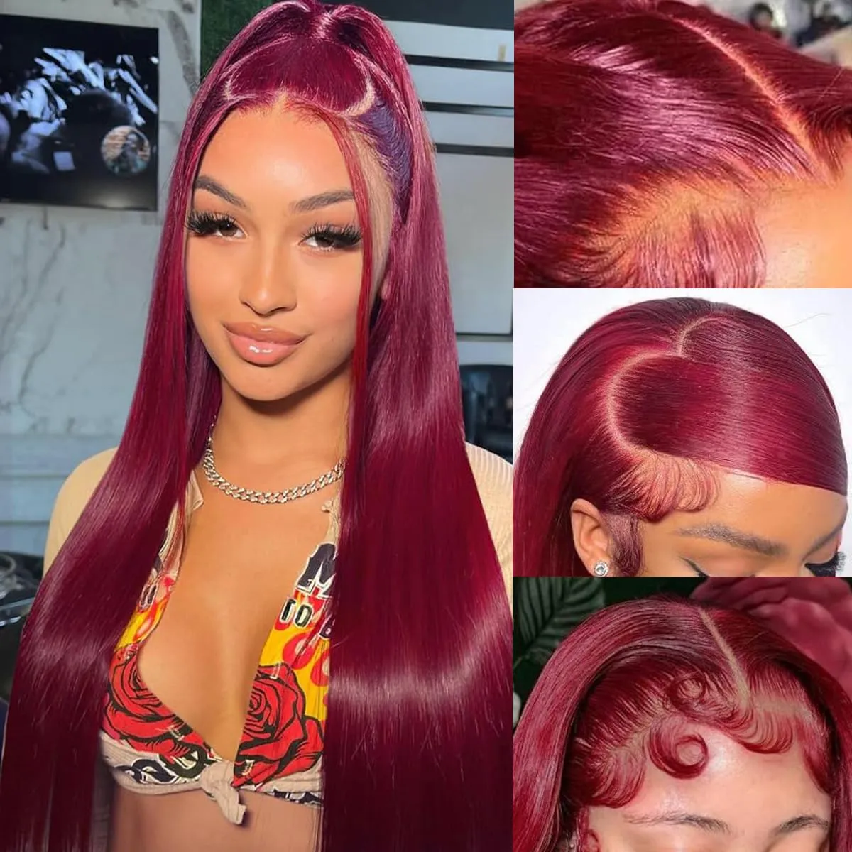 200 Density Burgundy Straight Lace Front Wigs Human Hair 99J 13x6 HD Lace Frontal Red Wigs Pre Plucked With Baby Hair Brazilian Virgin Human Hair Glueless Wigs for Women Natural Hairline 24 Inch