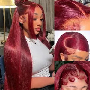 200 Density Burgundy Straight Lace Front Wigs Human Hair 99J 13x6 HD Lace Frontal Red Wigs Pre Plucked With Baby Hair Brazilian Virgin Human Hair Glueless Wigs for Women Natural Hairline 24 Inch