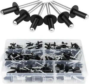 200PCS Black Pop Rivets Assortment Kit, 7 Sizes 1/8" 3/16" 1/4" Rivets, Large Flange Aluminum Rivets Assorted Blind Rivets with Case for Metal, Marine Boat, Automotive, Railway