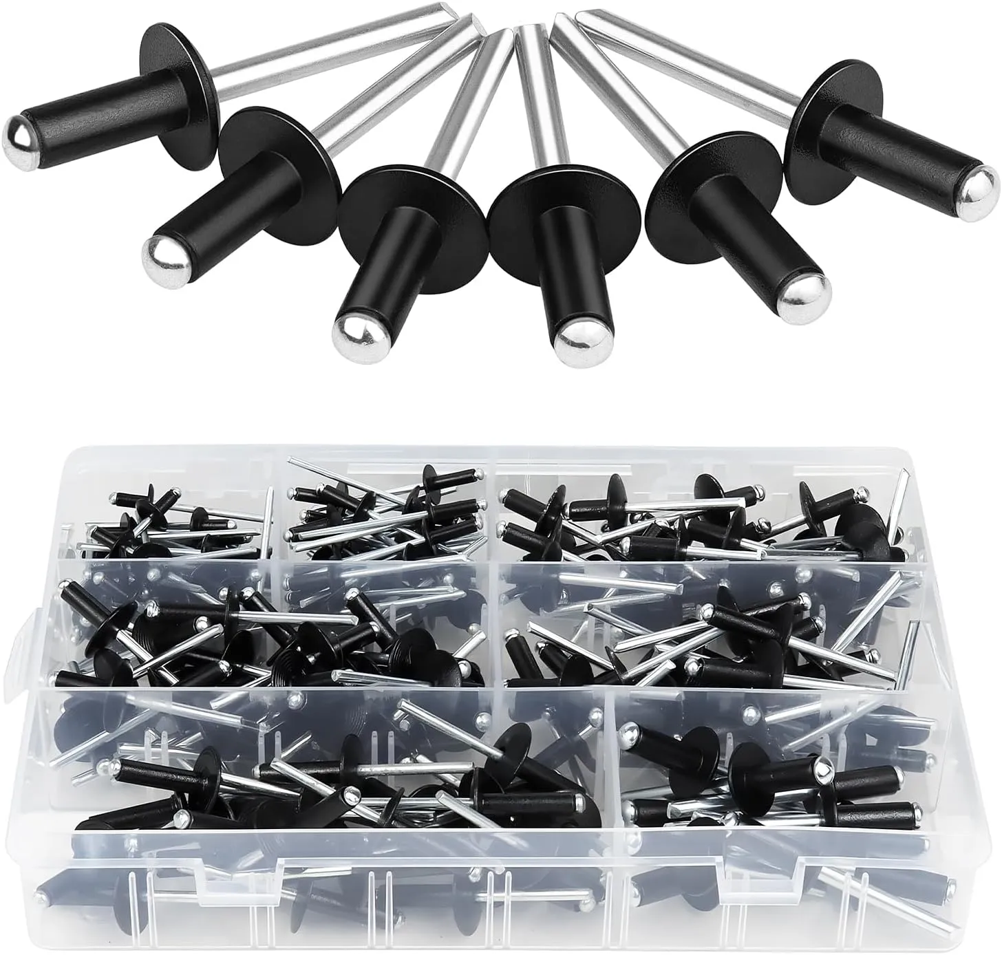 200PCS Black Pop Rivets Assortment Kit, 7 Sizes 1/8" 3/16" 1/4" Rivets, Large Flange Aluminum Rivets Assorted Blind Rivets with Case for Metal, Marine Boat, Automotive, Railway