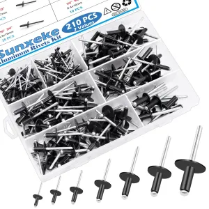 210PCS Black Pop Rivets Assortment Kit,Includes 7 Sizes Large Flange Aluminum Rivets (1/8 inch 3/16 inch 1/4 inch) for DIY, Automotive Repairs, and More. Assorted Blind Rivets with Case