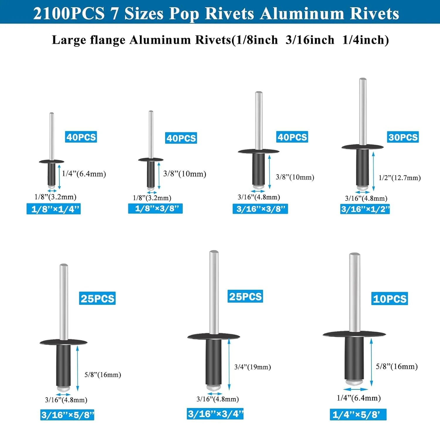 210PCS Black Pop Rivets Assortment Kit,Includes 7 Sizes Large Flange Aluminum Rivets (1/8 inch 3/16 inch 1/4 inch) for DIY, Automotive Repairs, and More. Assorted Blind Rivets with Case