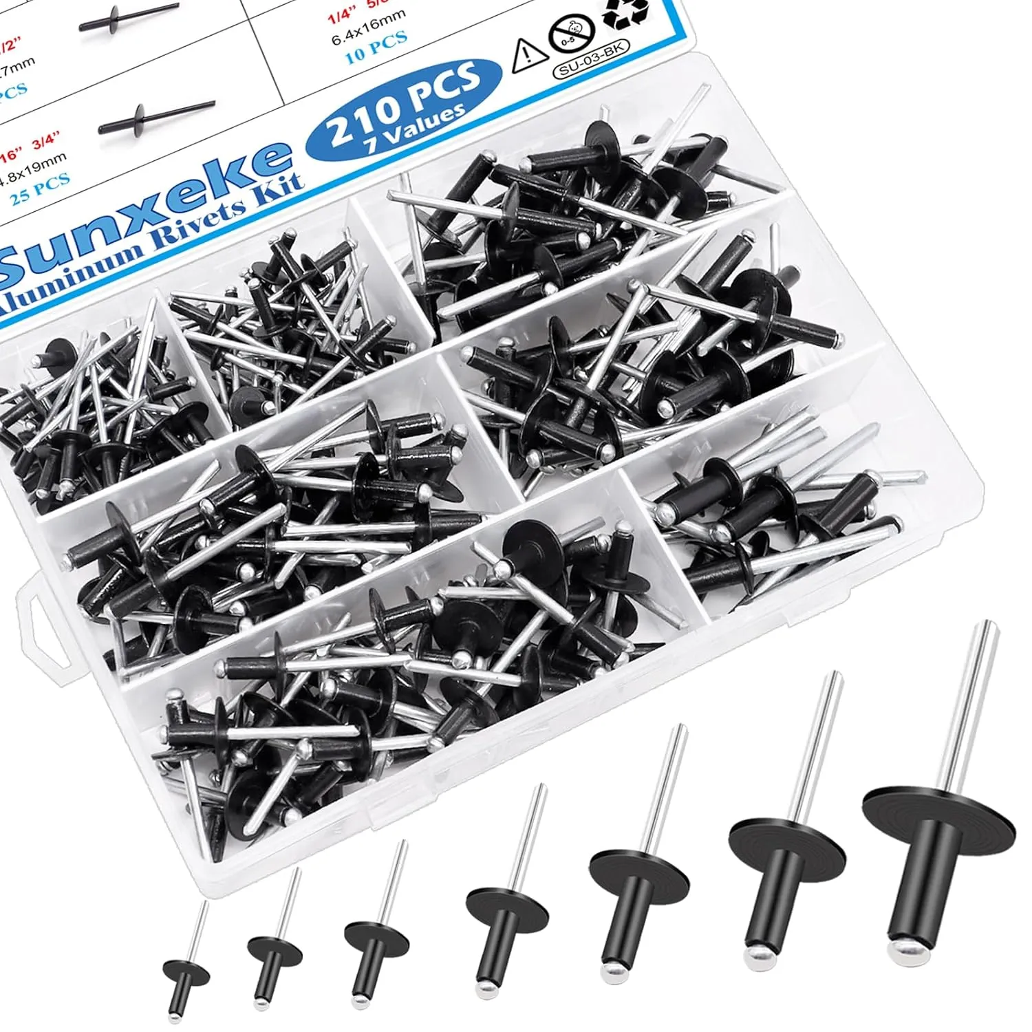 210PCS Black Pop Rivets Assortment Kit,Includes 7 Sizes Large Flange Aluminum Rivets (1/8 inch 3/16 inch 1/4 inch) for DIY, Automotive Repairs, and More. Assorted Blind Rivets with Case