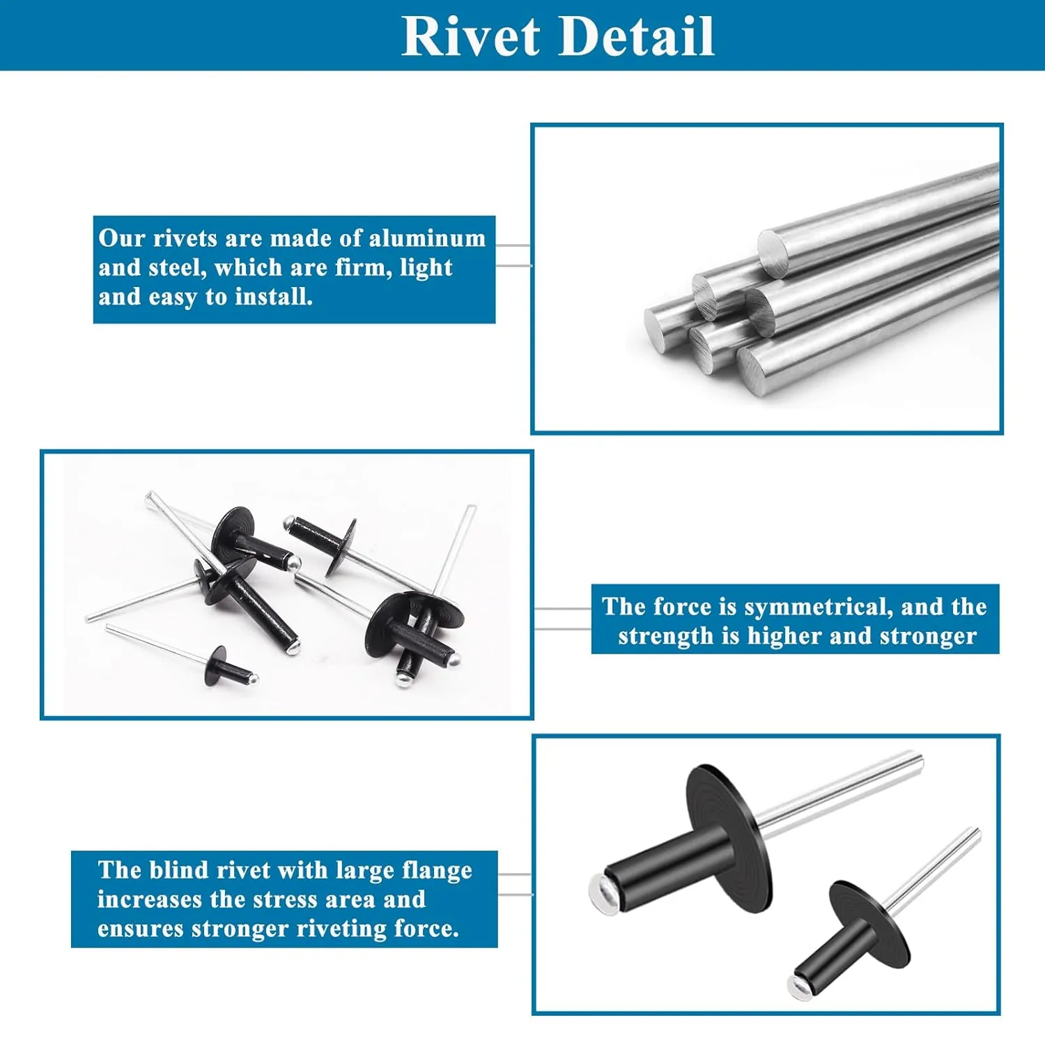 210PCS Black Pop Rivets Assortment Kit,Includes 7 Sizes Large Flange Aluminum Rivets (1/8 inch 3/16 inch 1/4 inch) for DIY, Automotive Repairs, and More. Assorted Blind Rivets with Case