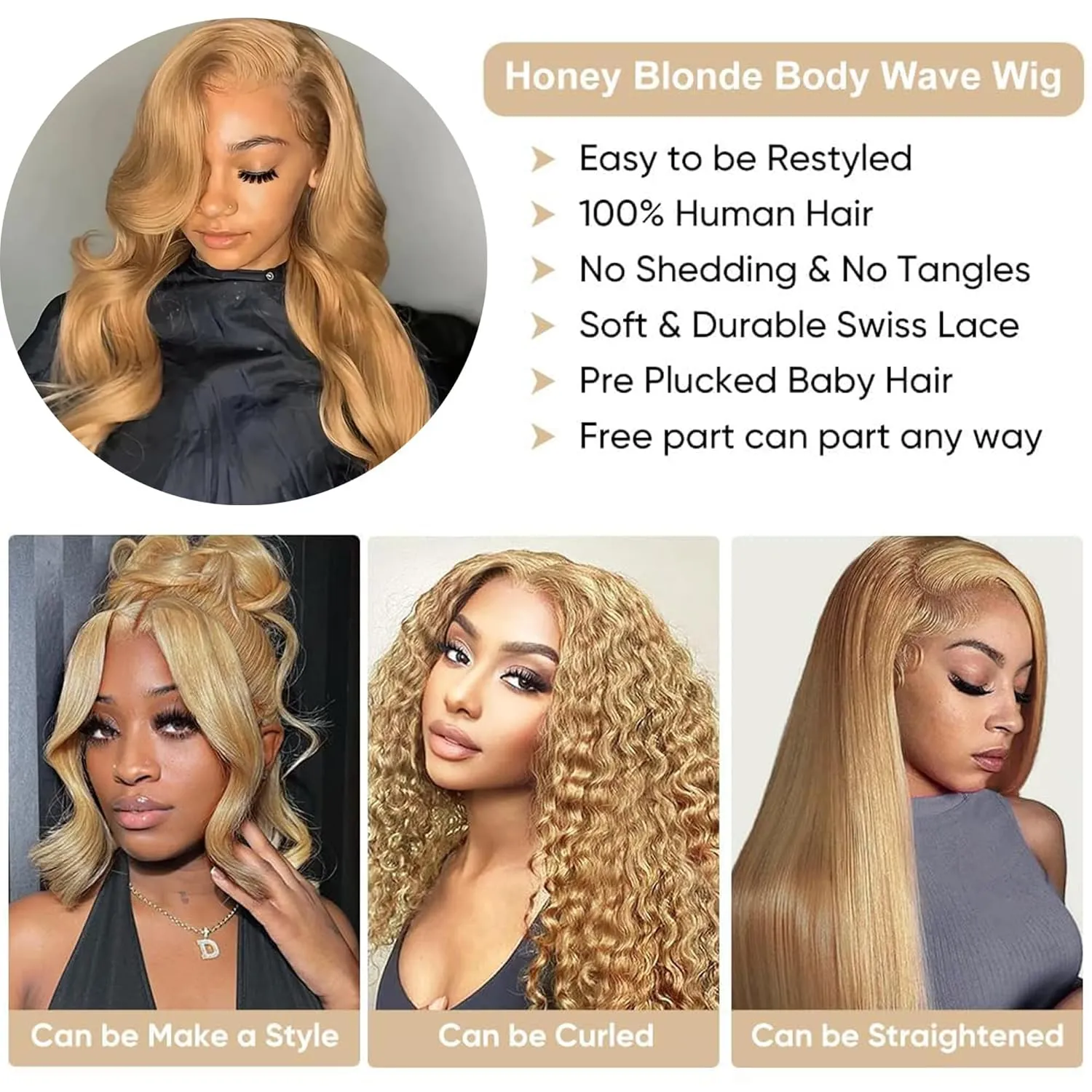 22 Inch Honey Blonde Wig Human Hair Body Wave 13x6 HD Lace Front Wigs Human Hair 27# Colored Pre Plucked Honey Blonde Body Wave Lace Front Wigs Human Hair 180% Density Glueless Wigs for Women