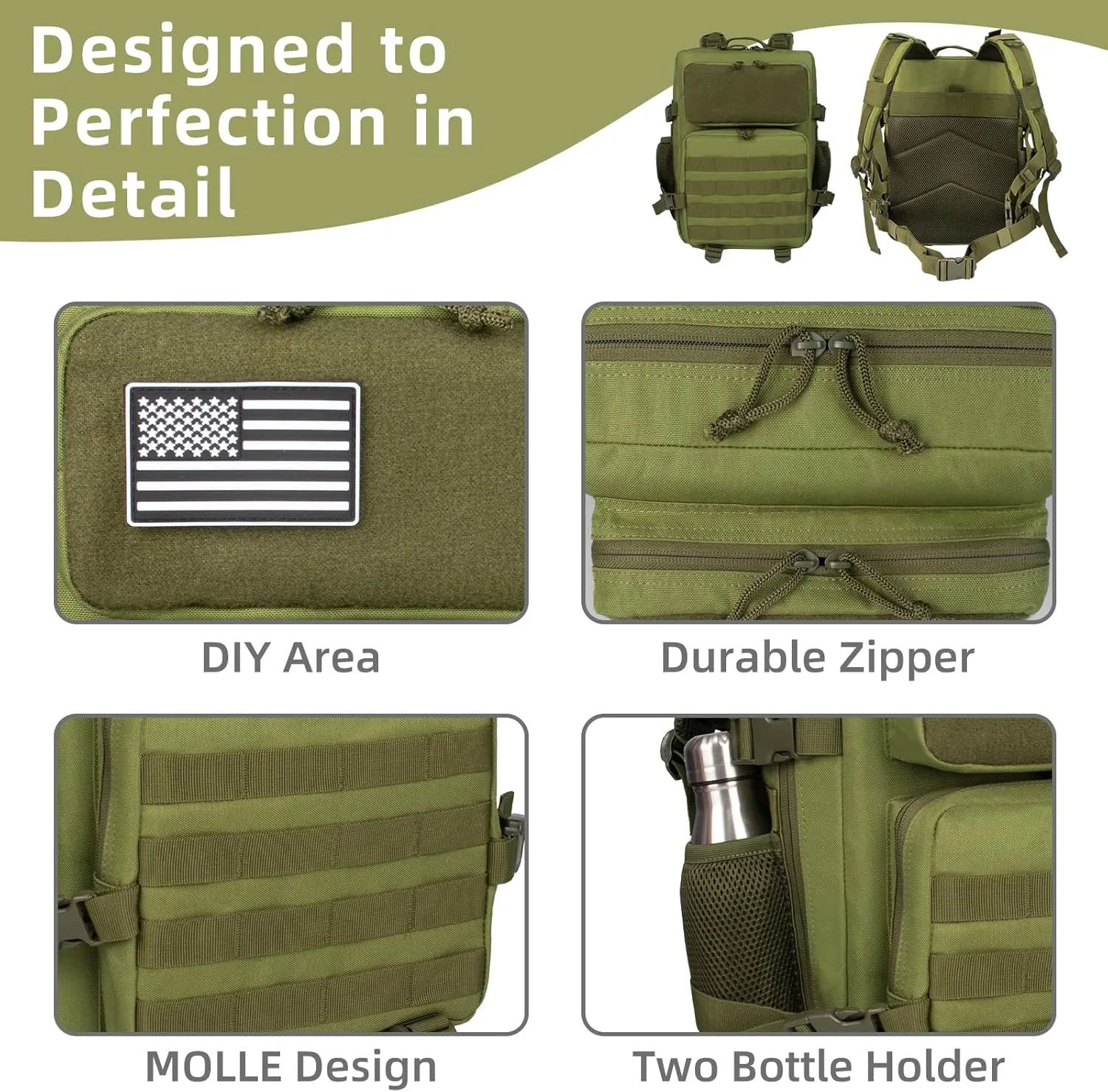 25L Small Military Tactical Backpack For Men Woman Molle Army Pack Survival Bug Out Bag Hiking Rucksack Gym Backpacks With Bottle Holder Outdoor Camping Work Daypack Green