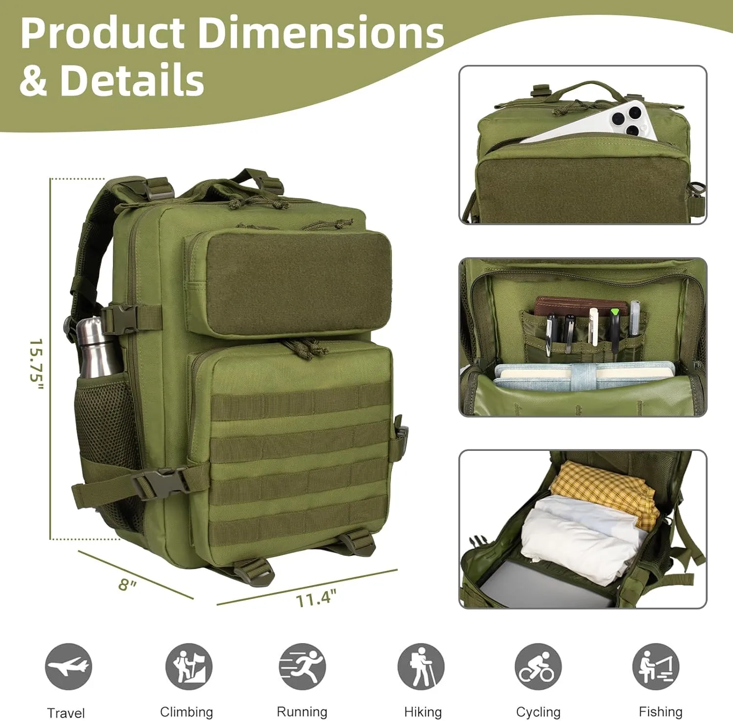 25L Small Military Tactical Backpack For Men Woman Molle Army Pack Survival Bug Out Bag Hiking Rucksack Gym Backpacks With Bottle Holder Outdoor Camping Work Daypack Green