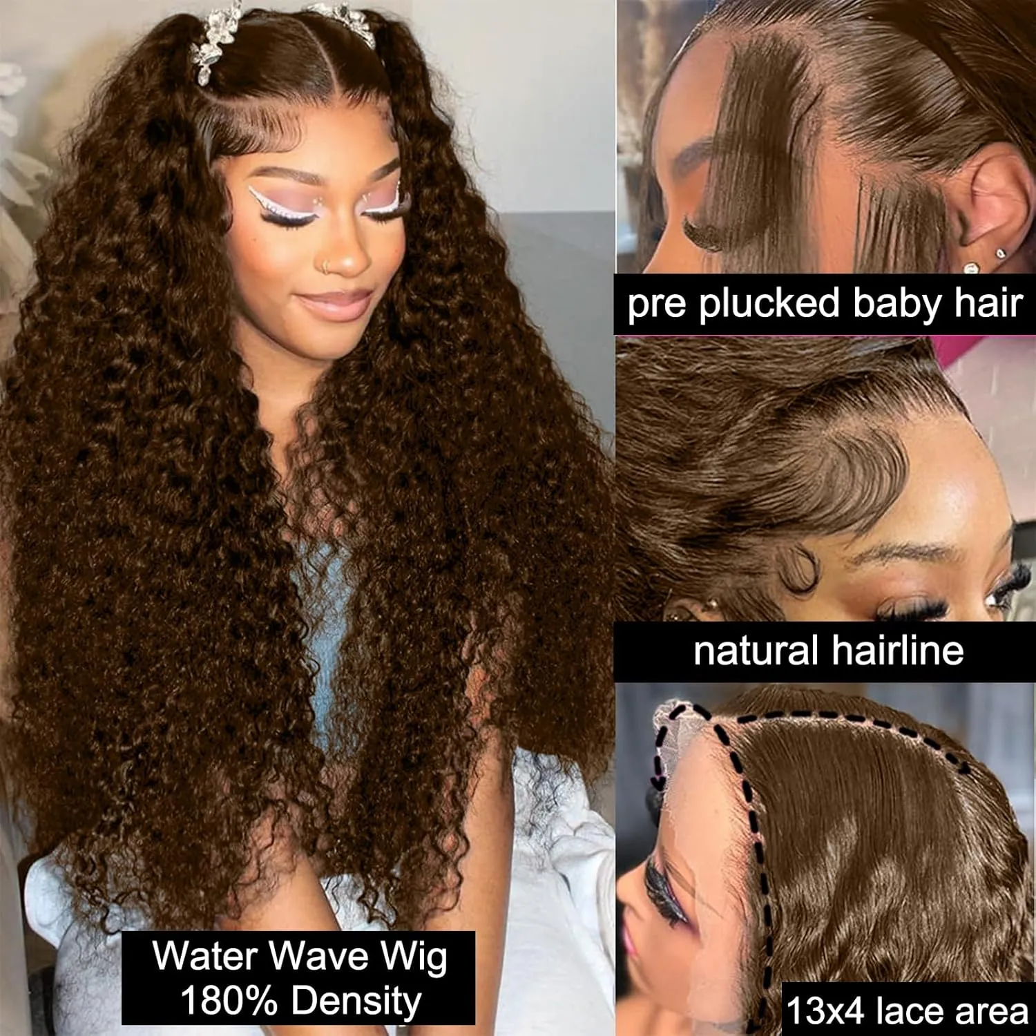 26 Inch Chocolate Brown Deep Wave Lace Front Wigs Human Hair 180 Density 4# 13x4 HD Lace Frontal Wigs Curly Human Hair Brown Glueless Wig For Women Pre Plucked with Natural Hairline